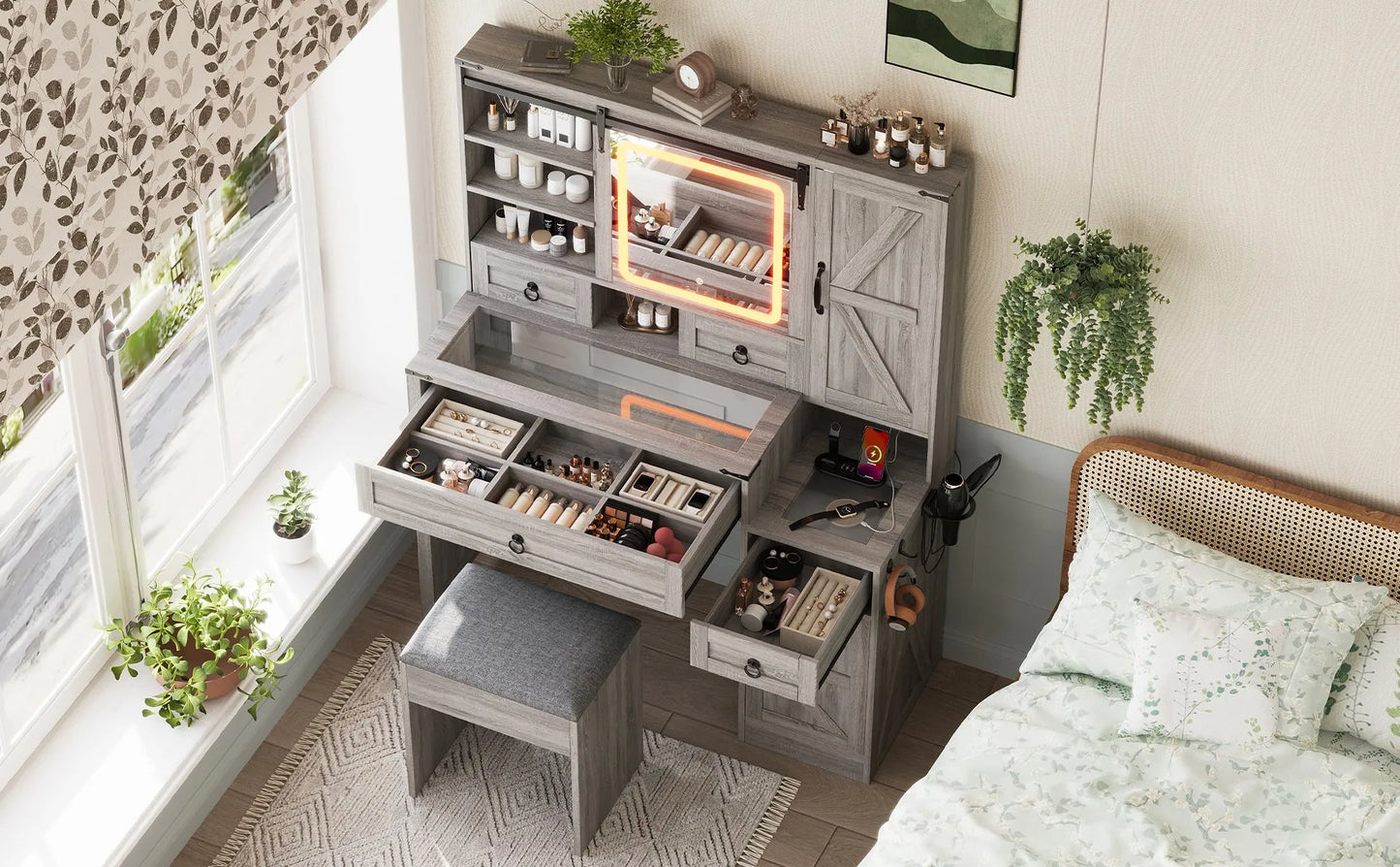Farmhouse Vanity Desk with Sliding Mirror and Lights, Vanity Set with Glass Top and Charging Station ,Dressing Table with 4 Drawers and 2 Cabinets – view 25