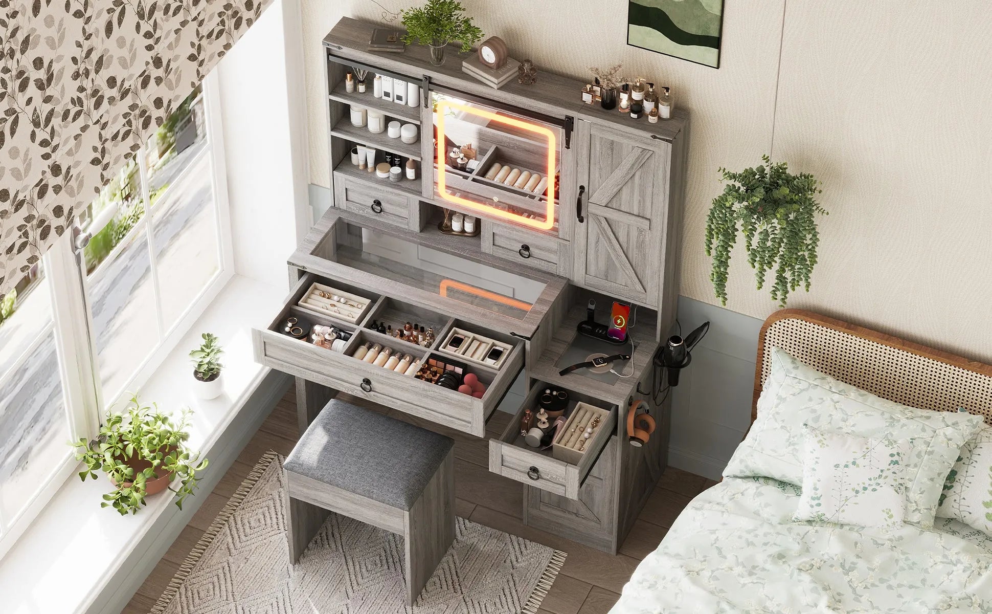 Farmhouse Vanity Desk with Sliding Mirror and Lights, Vanity Set with Glass Top and Charging Station ,Dressing Table with 4 Drawers and 2 Cabinets – view 25