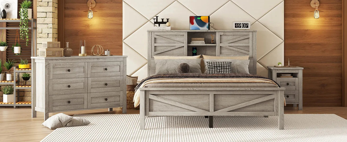 3-Pieces Bedroom Sets Queen Size Farmhouse Platform Bed with Double Sliding Door Storage Headboard and Charging Station, Storage Nightstand and – view 25