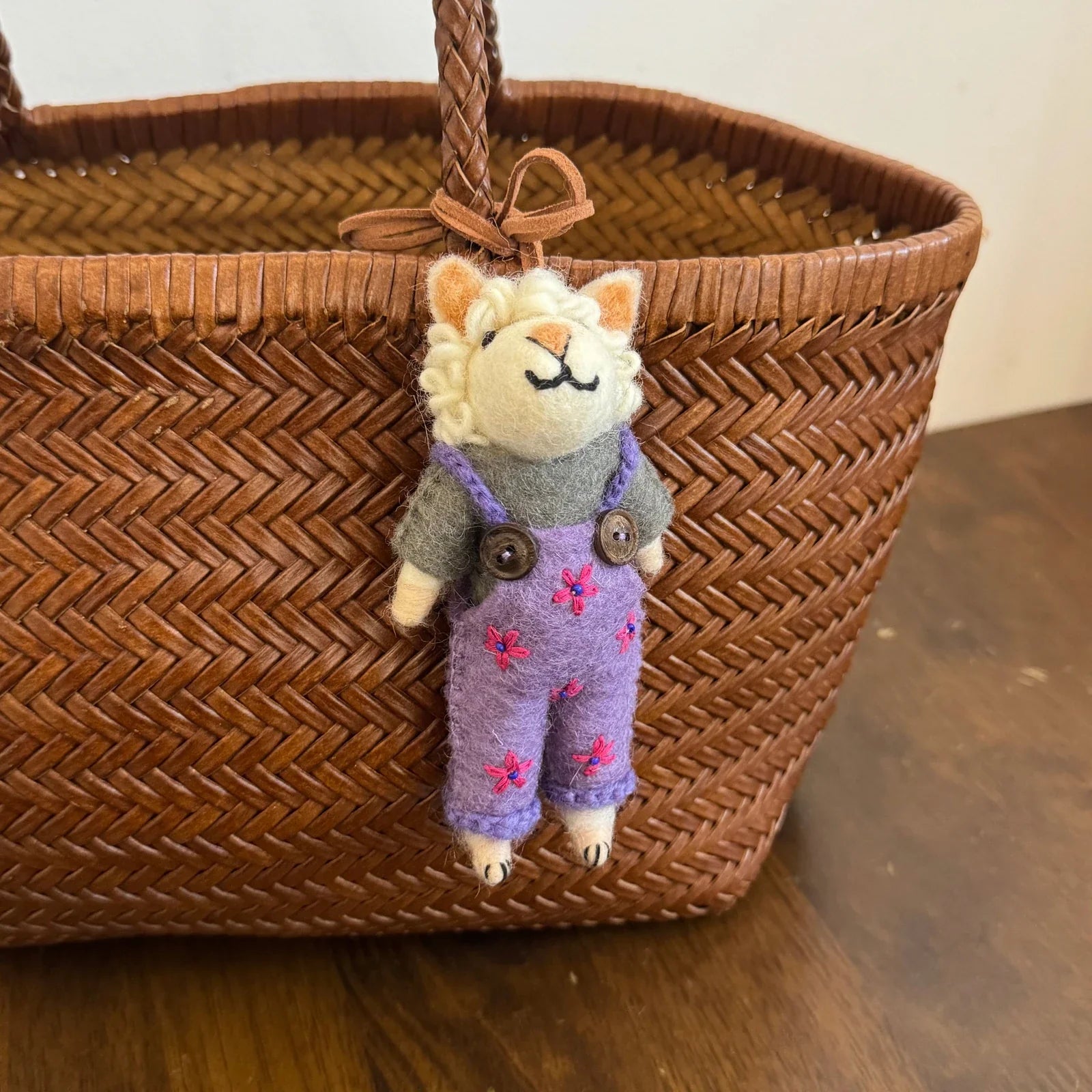 Handmade wool felt sheep bag charm – purple overalls sheep