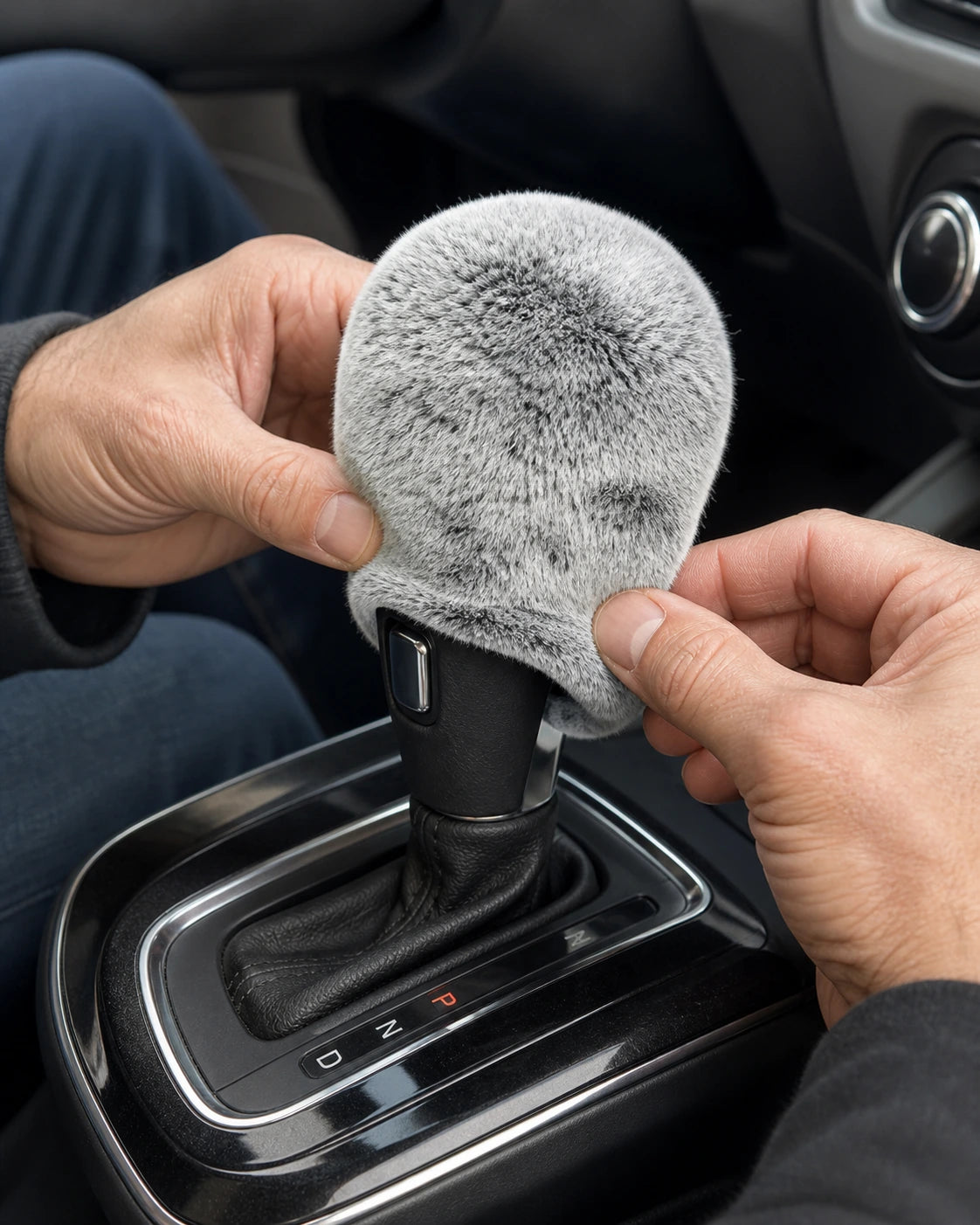 Adult hands installing a silver gray Rex rabbit fur cover on a compatible automatic gear shifter