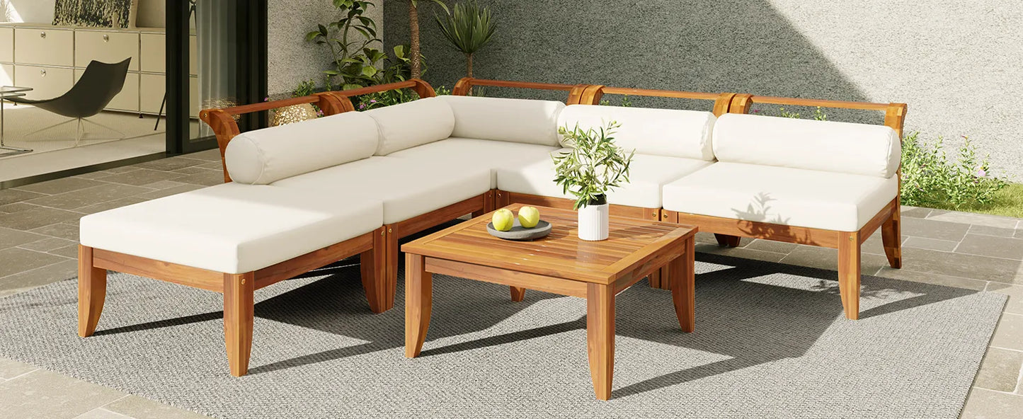 6 Piece Patio Sofa Set, Acacia Wood Outdoor Modular Sectional Garden Furniture Set L-Shaped Conversation Set, Convertible Daybed with Tea Table – view 25