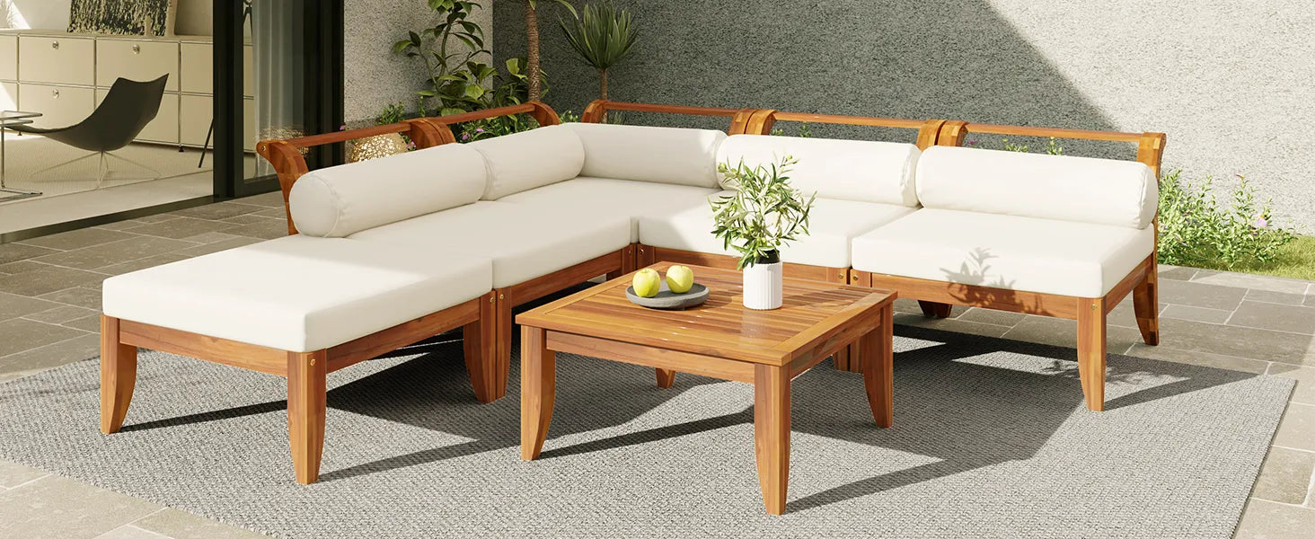6 Piece Patio Sofa Set, Acacia Wood Outdoor Modular Sectional Garden Furniture Set L-Shaped Conversation Set, Convertible Daybed with Tea Table – view 25