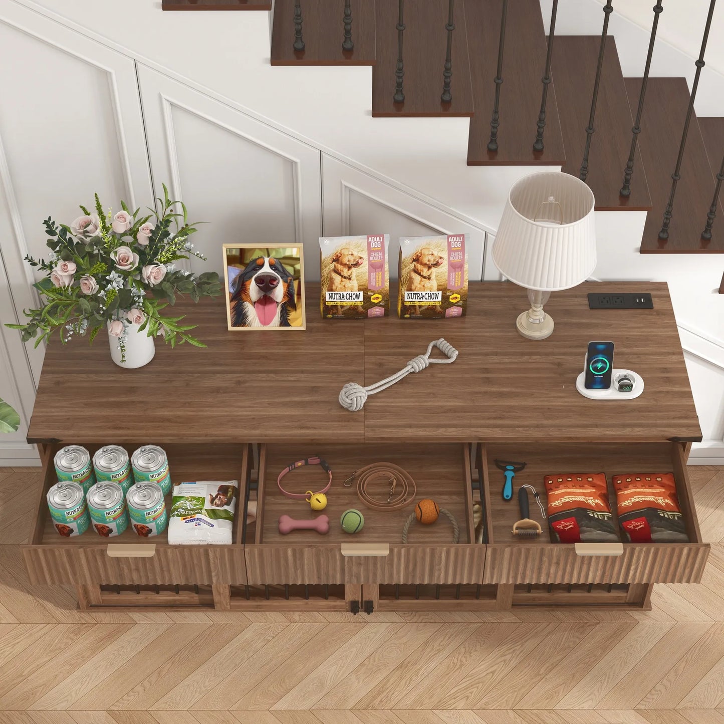 71'' Furniture Style Double Dog Crate with 3 Fluted Drawers and Waterproof Walnut Woodgrain Tabletop,Large Dog Kennel Furniture with Type-C Power – view 25