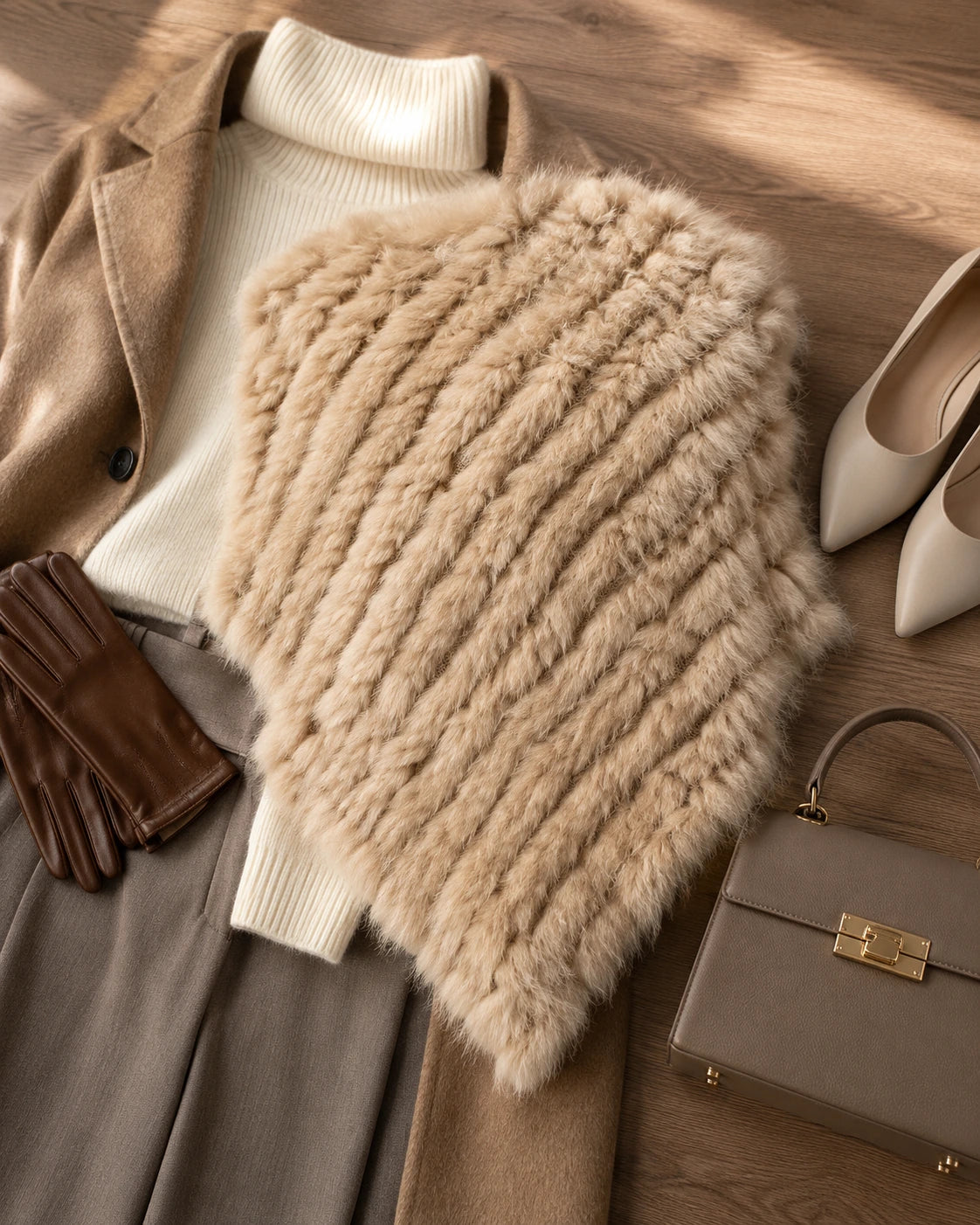 Beige rabbit fur knit poncho styled with a quiet neutral wardrobe