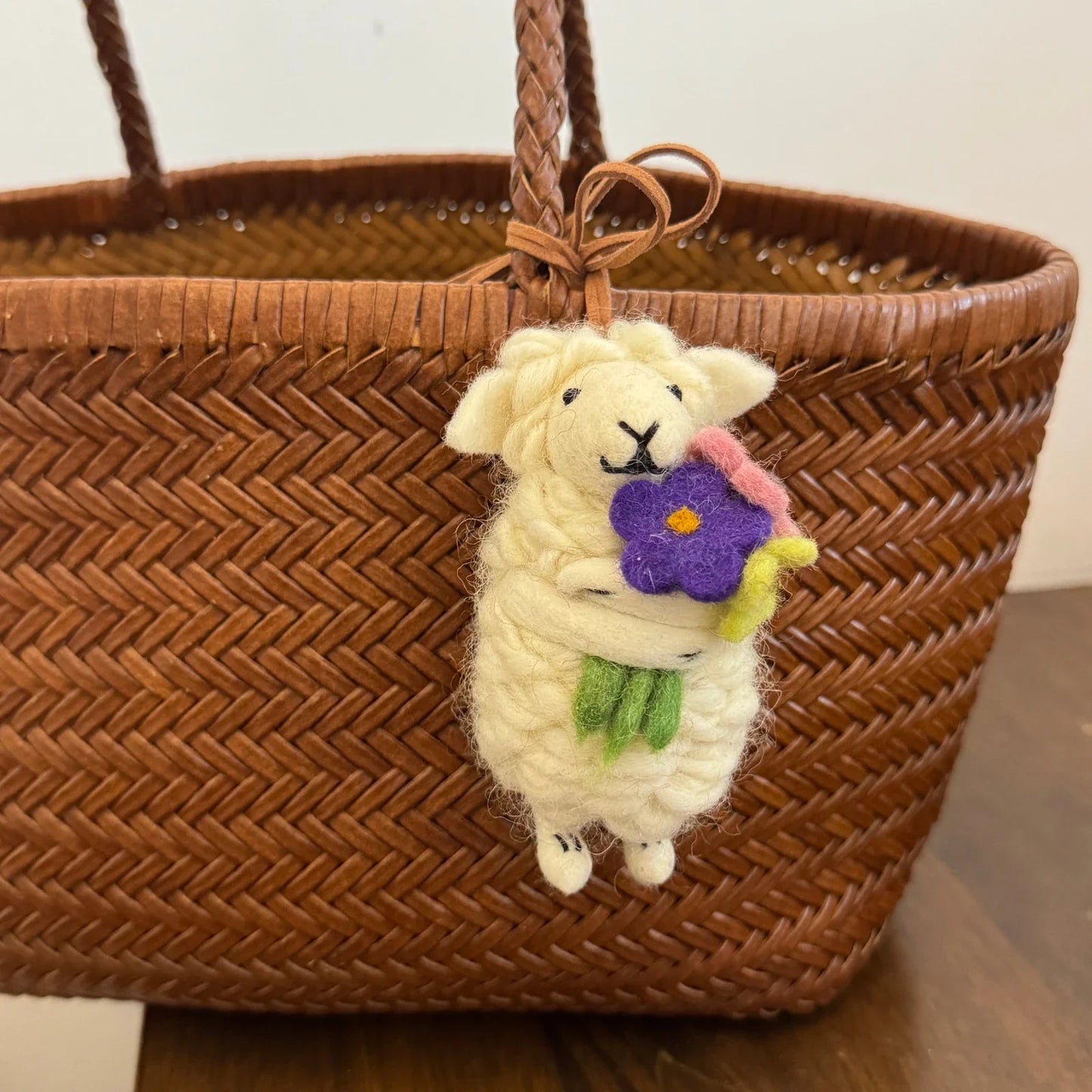 Handmade wool felt sheep bag charm – three flower white sheep