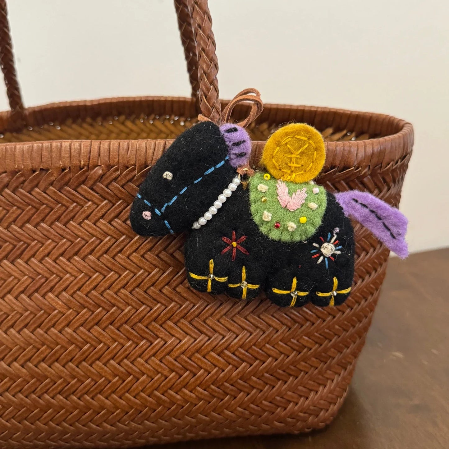Black embroidered wool felt horse charm
