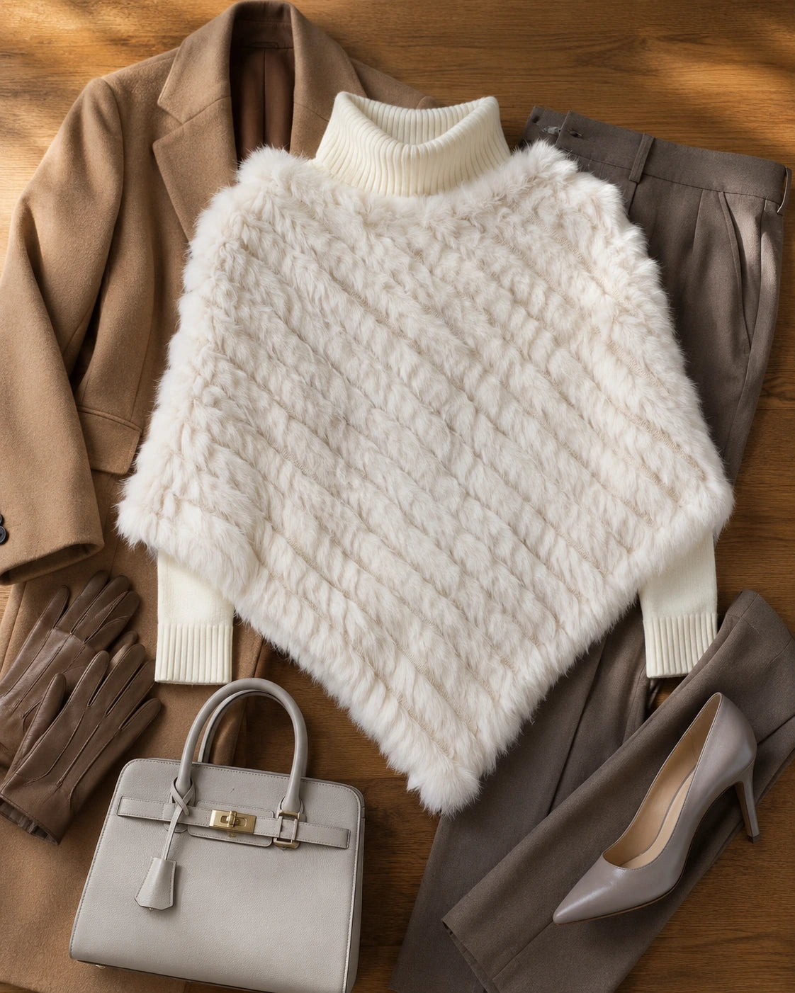 Creamy white rabbit fur knit poncho styled with a handbag and knitwear