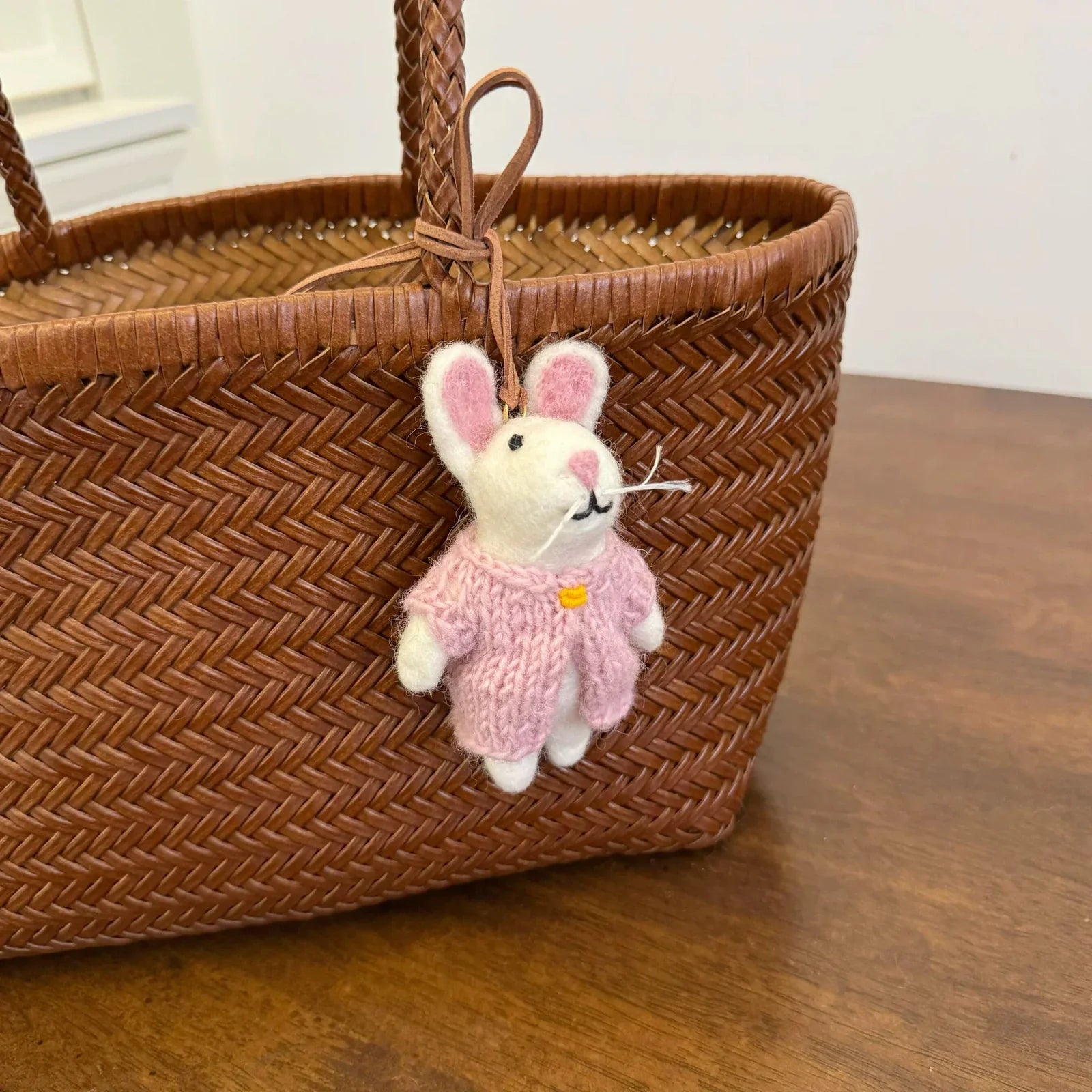 White rabbit in pink sweater wool felt charm