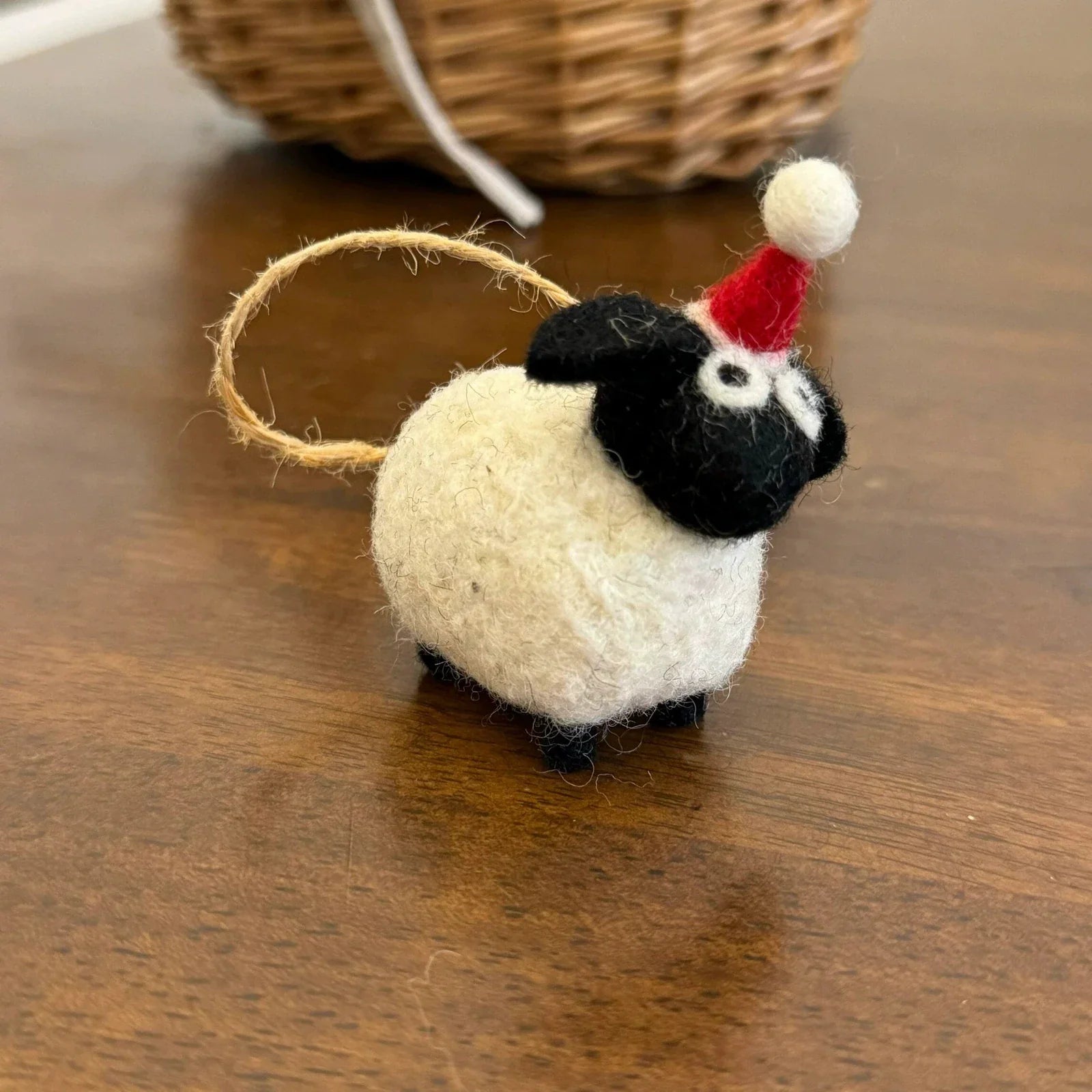 Black-and-White Lamb in Red Hat handmade wool felt bag charm and keychain