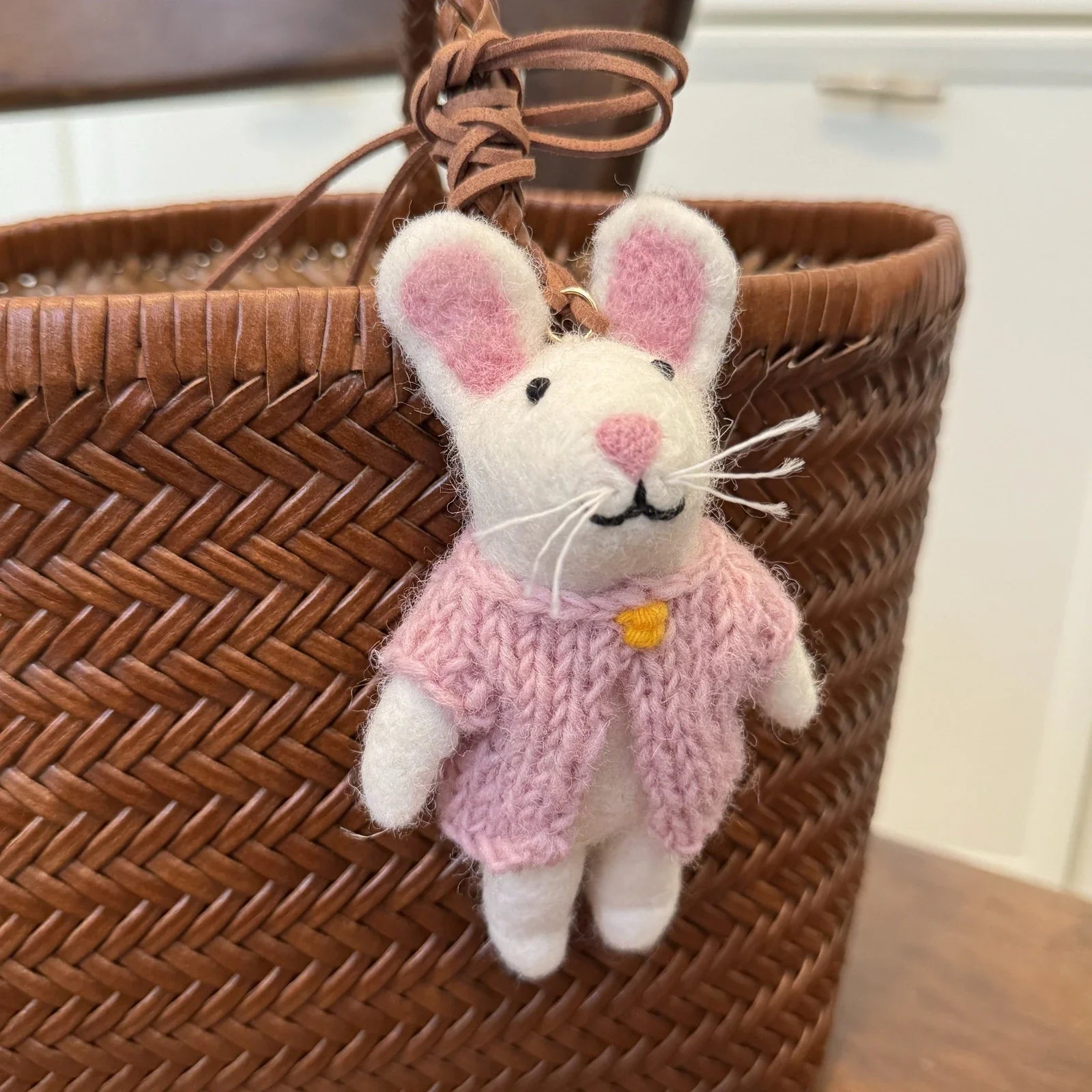 white rabbit pink sweater handmade wool felt bag charm