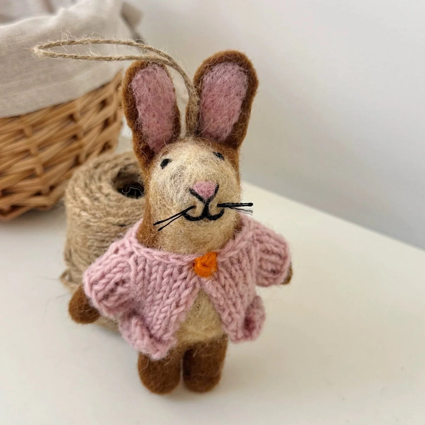 Brown Rabbit in Pink Sweater handmade wool felt bag charm and keychain