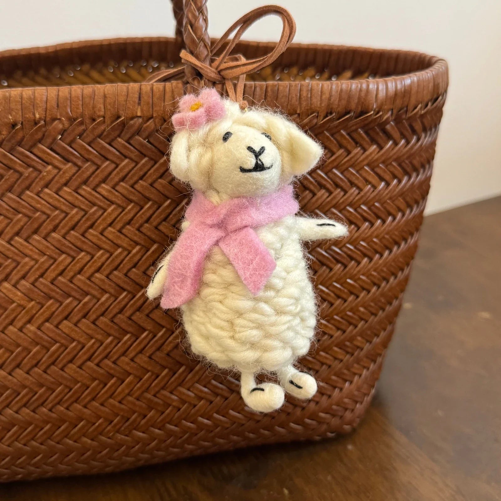 Handmade wool felt sheep bag charm – blush cream sheep