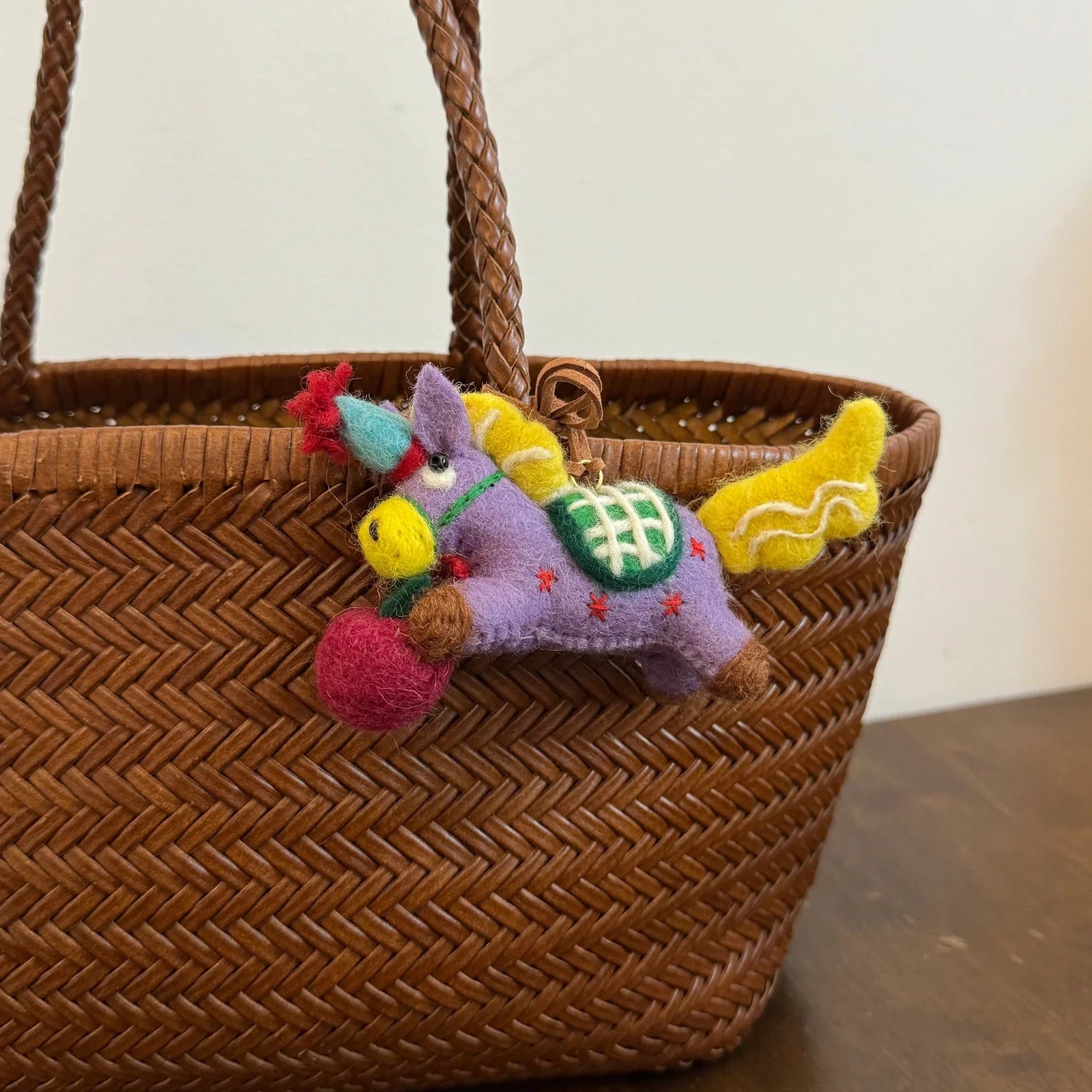 Purple wool felt horse bag charm with stitched details