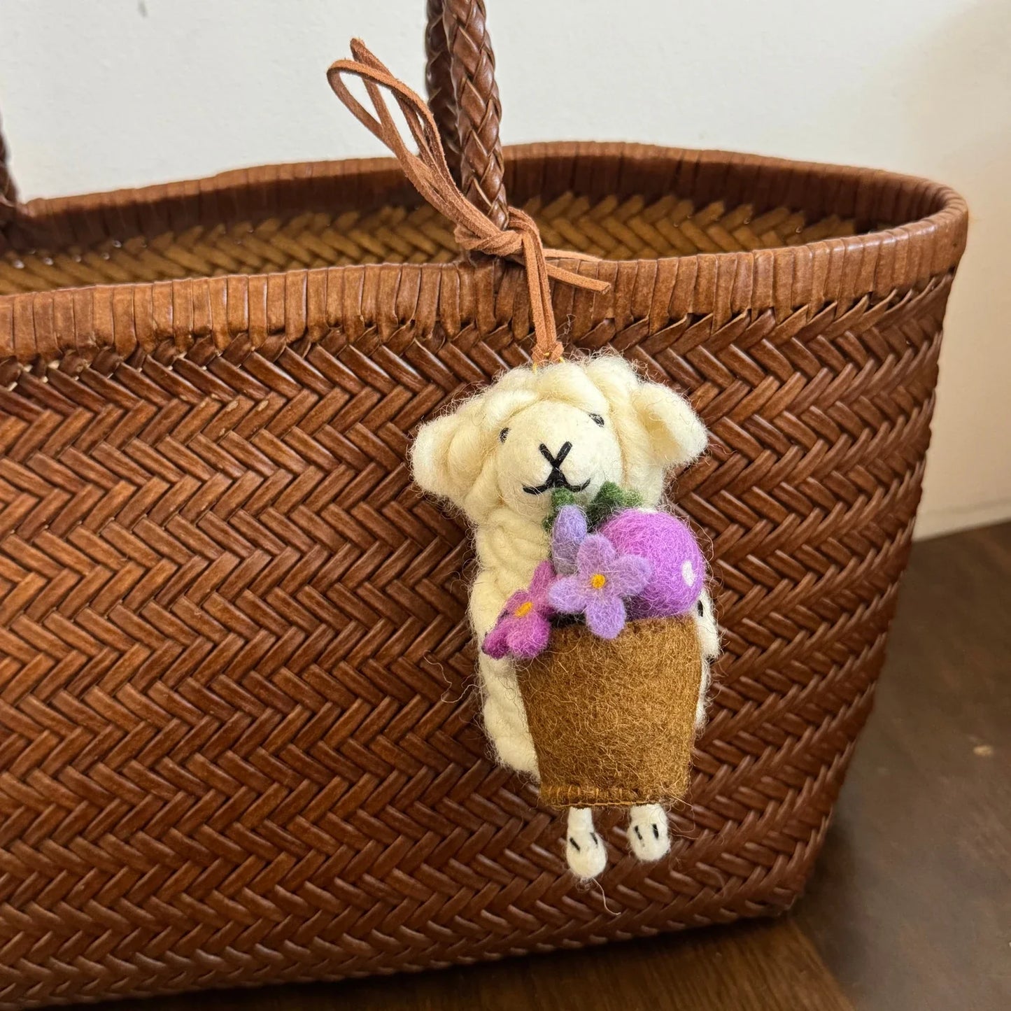 Handmade wool felt sheep bag charm – purple mushroom sheep
