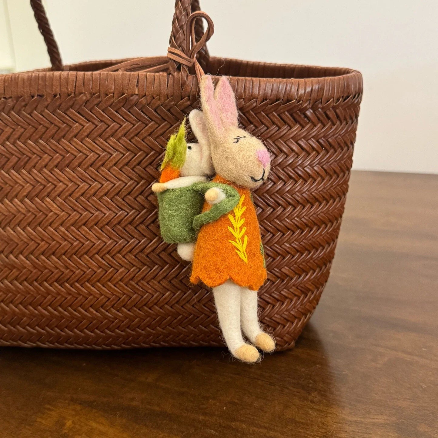 Carrot rabbit with baby rabbit wool felt charm