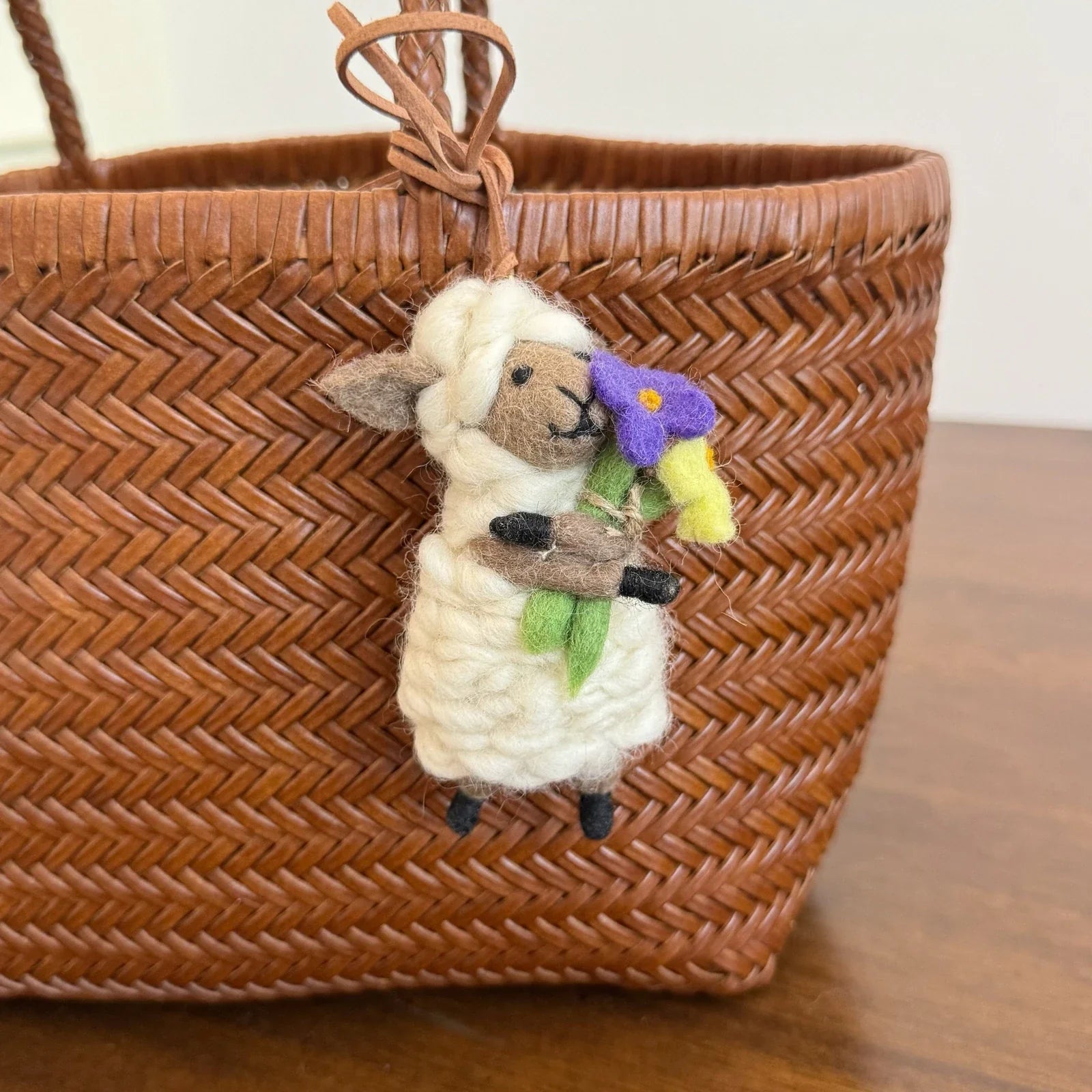 Handmade wool felt sheep bag charm – gray face flower sheep