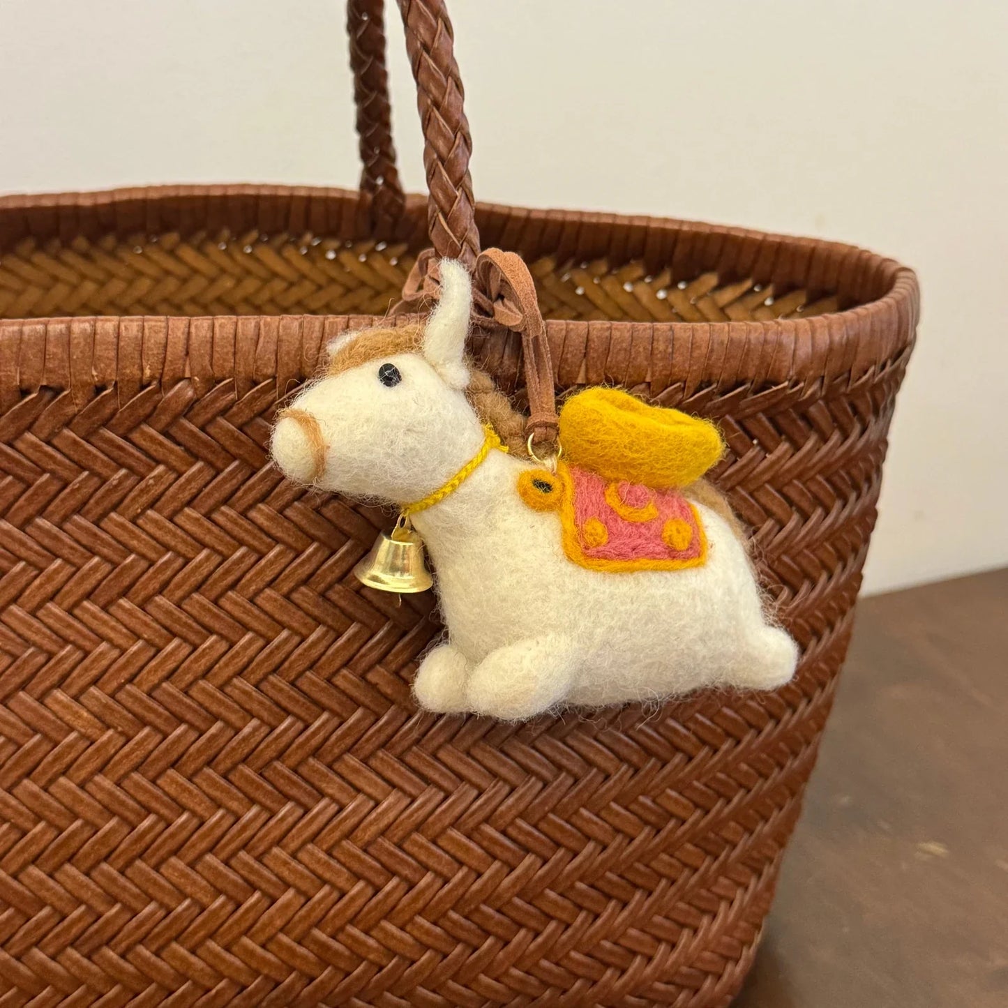 White wool felt horse charm with bell