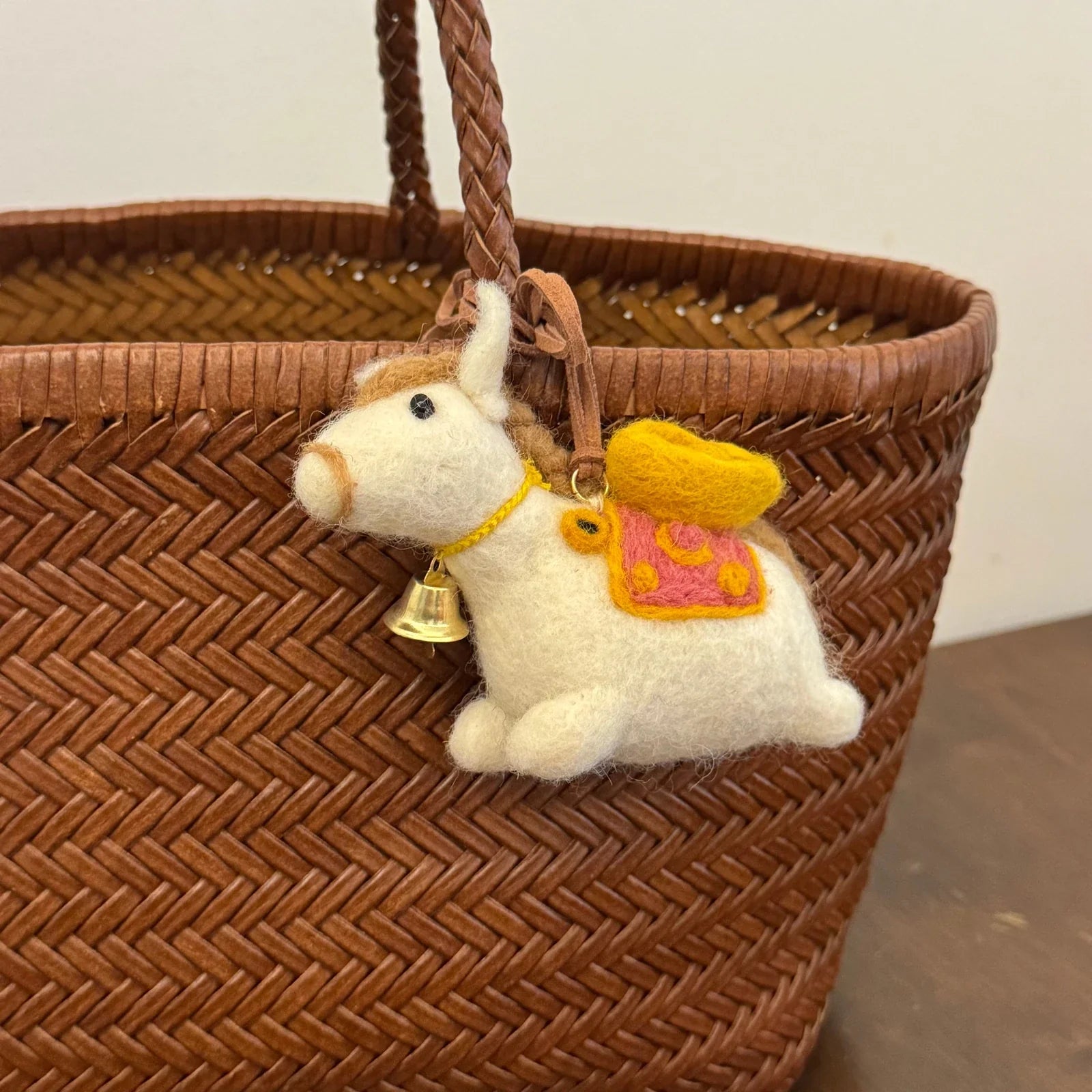 White wool felt horse charm with bell