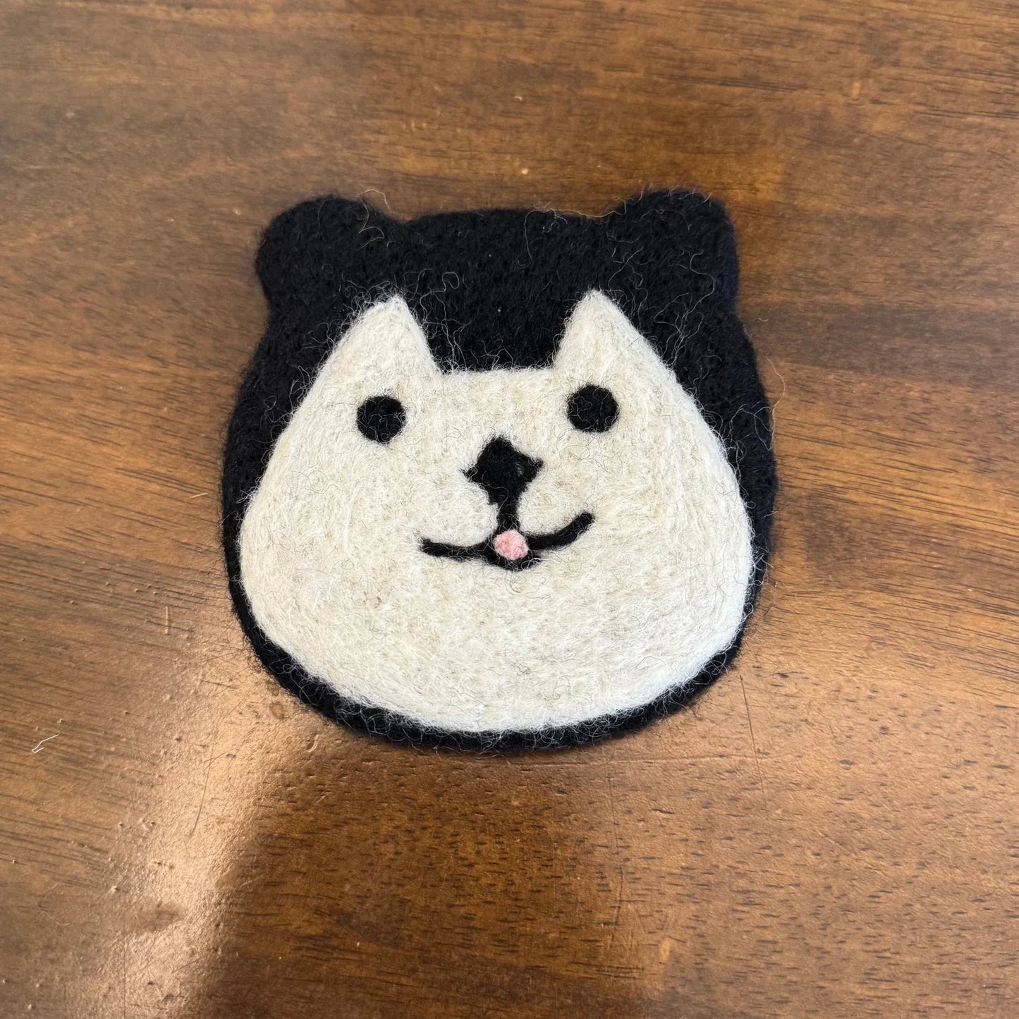 Handmade Black White Dog 11 cm Wool Felt Coaster