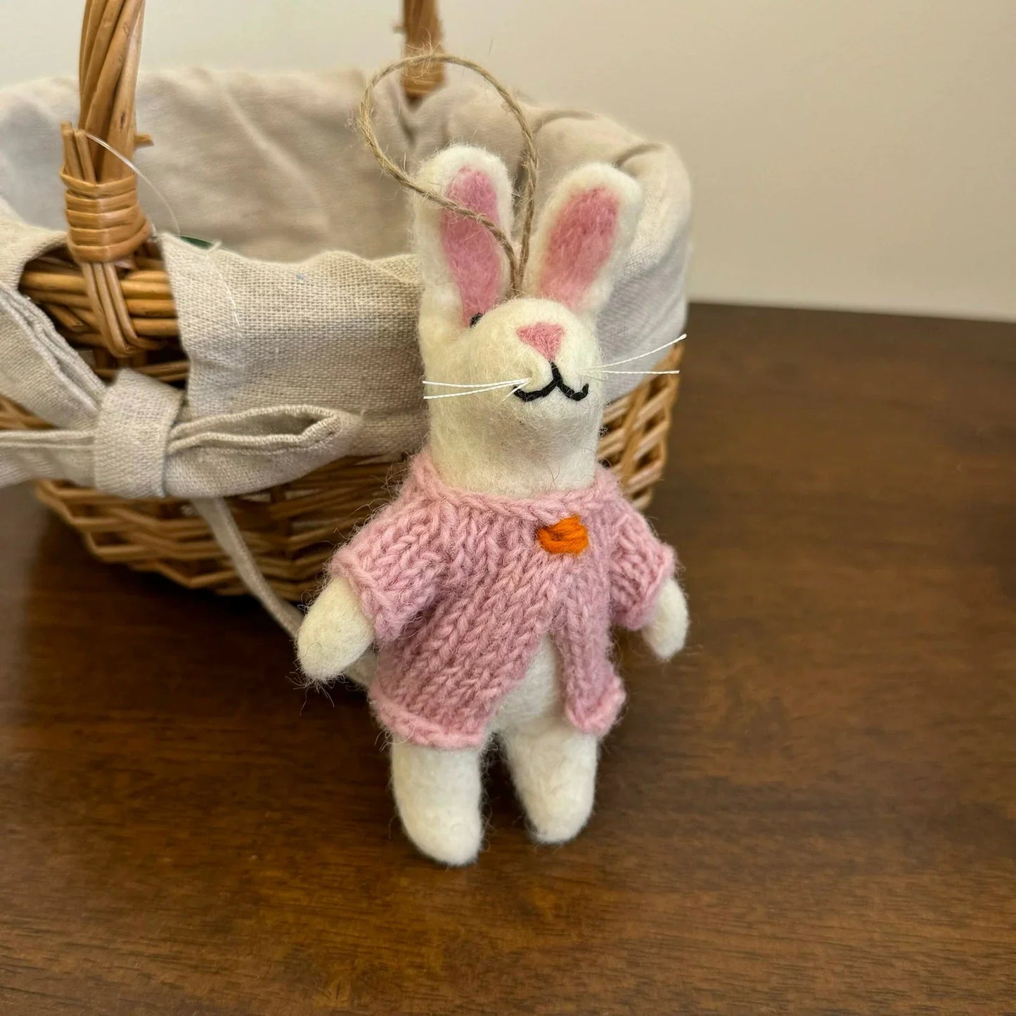 White Rabbit in Pink Sweater handmade wool felt bag charm and keychain