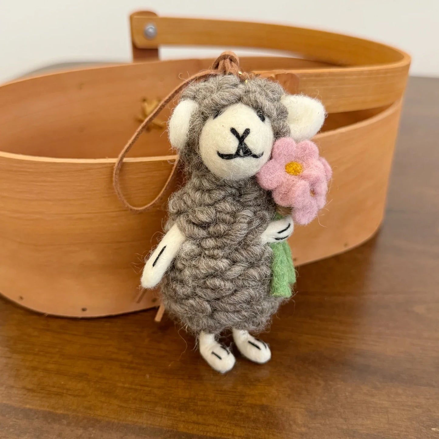 Handmade wool felt sheep bag charm – gray sheep with pink flower