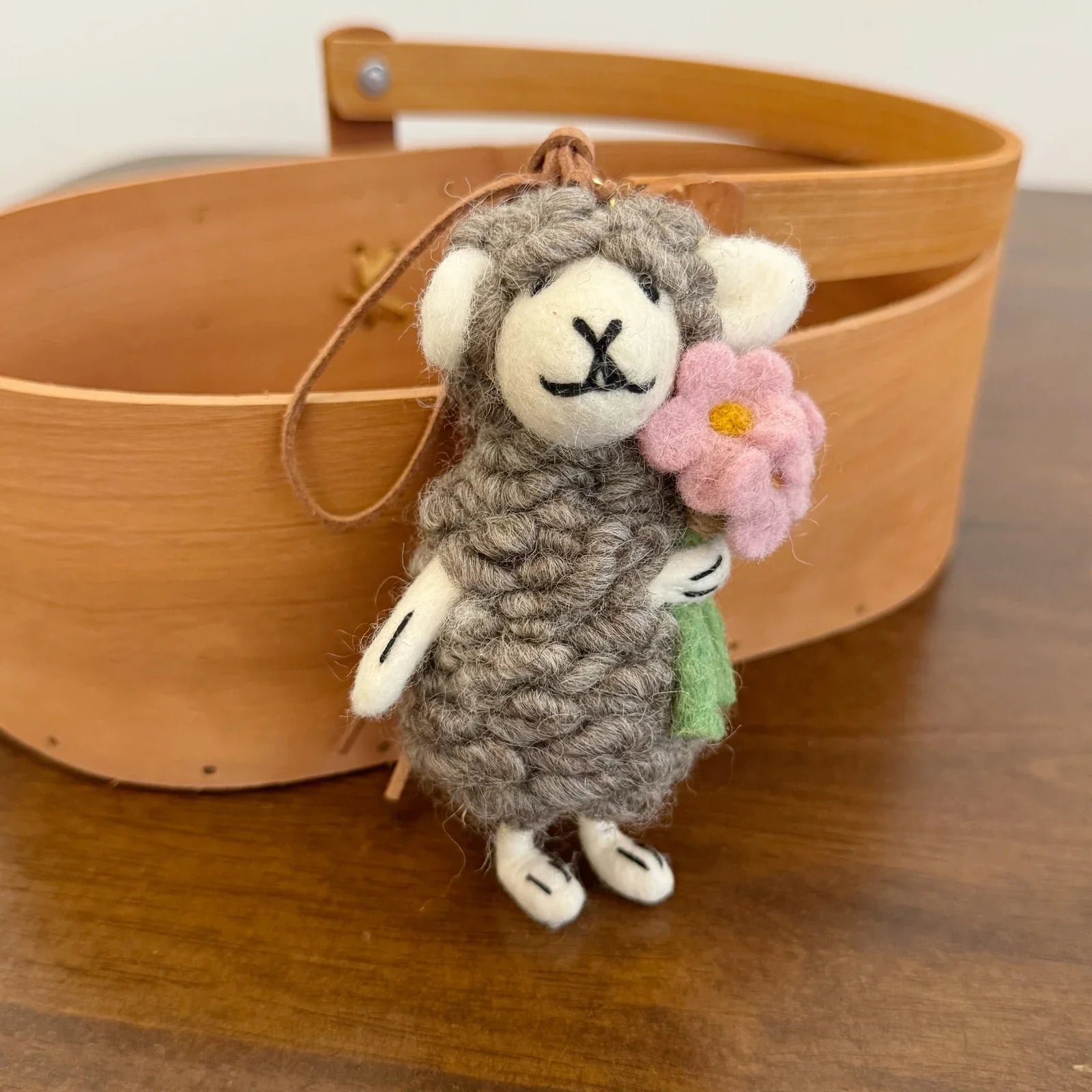 Handmade wool felt sheep bag charm – gray sheep with pink flower