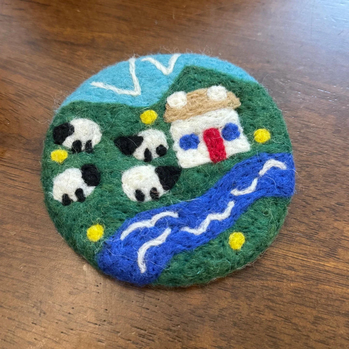 Handmade Four Sheep Blue House 10 cm Wool Felt Coaster
