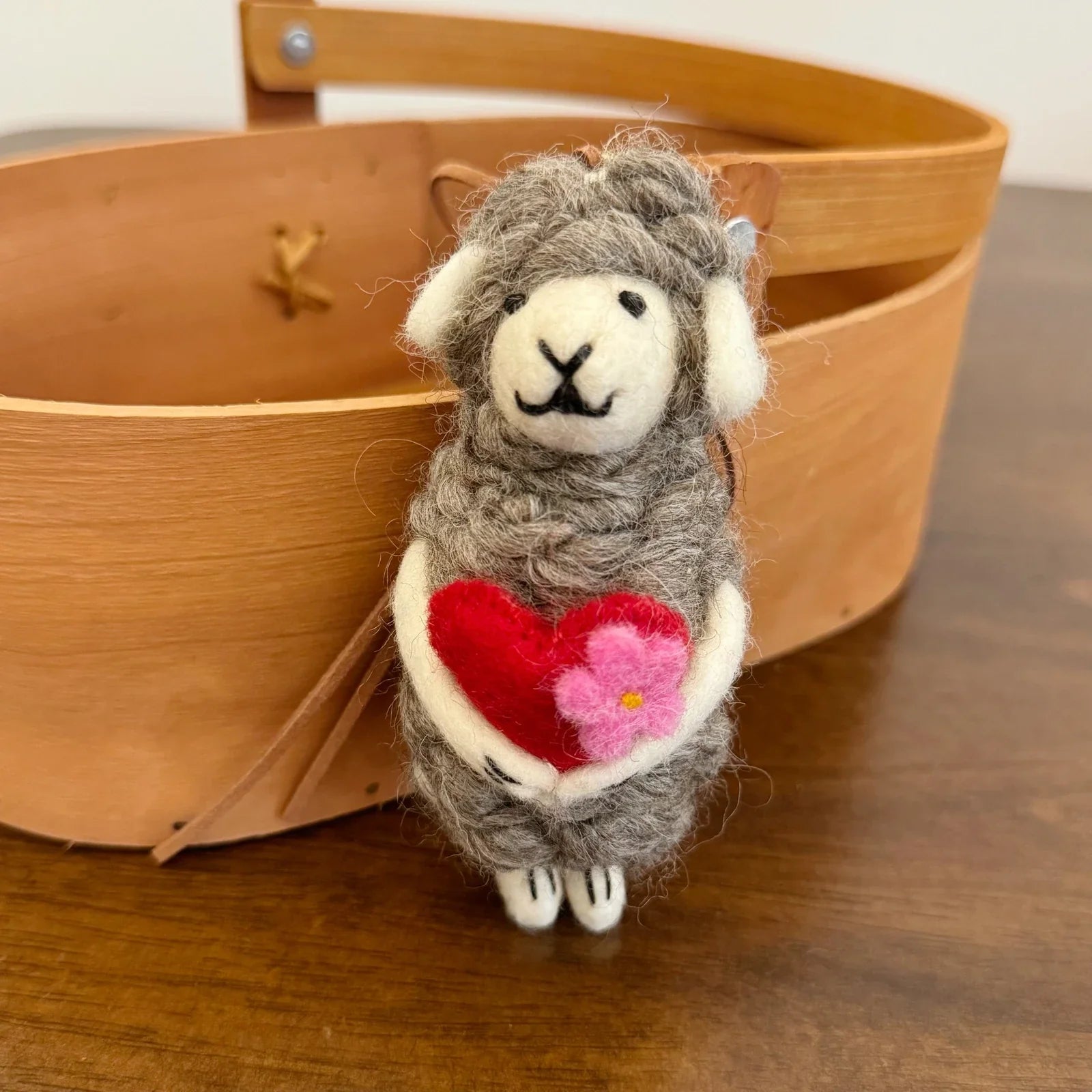 Handmade wool felt sheep bag charm – gray sheep with heart