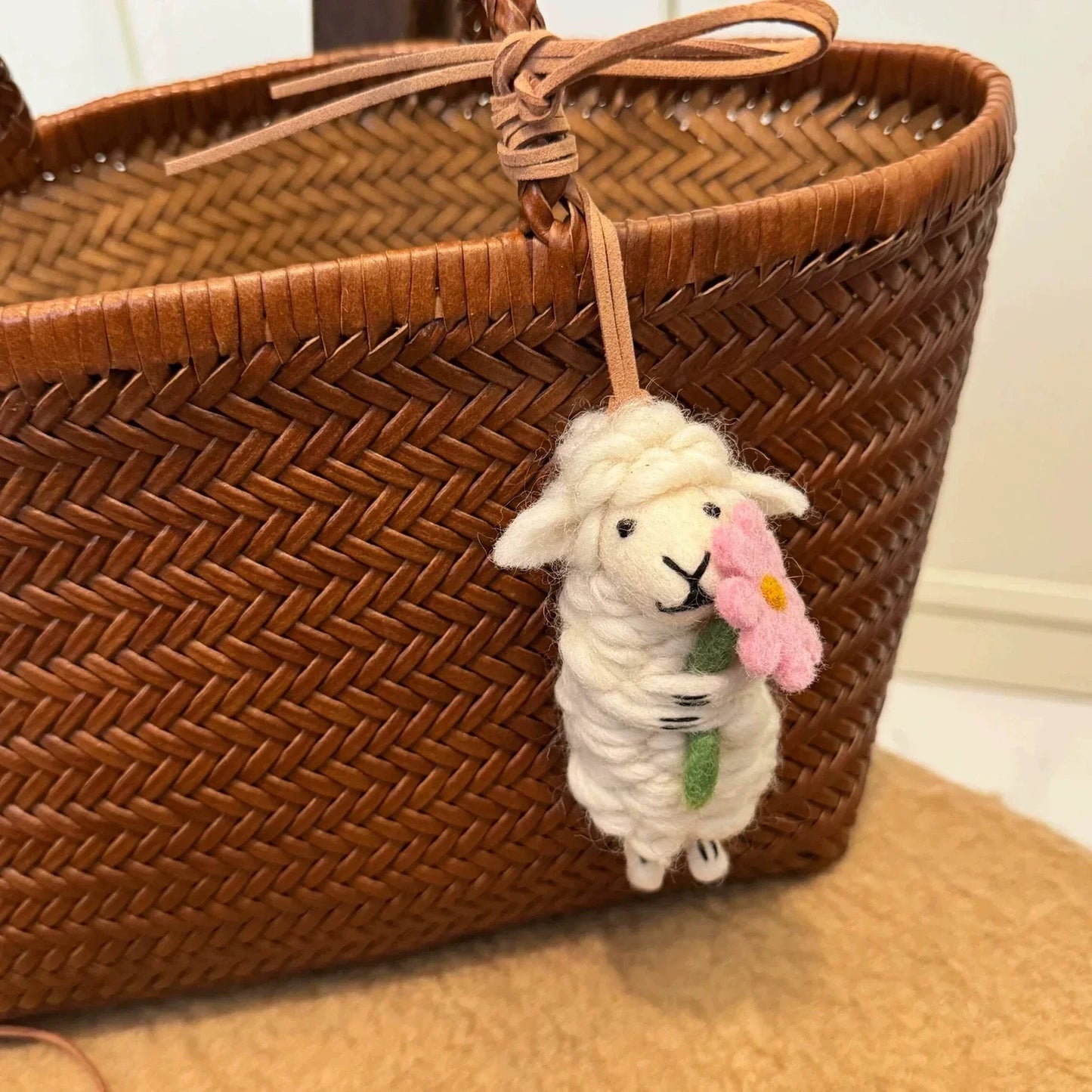 lamb pink flowers handmade wool felt bag charm