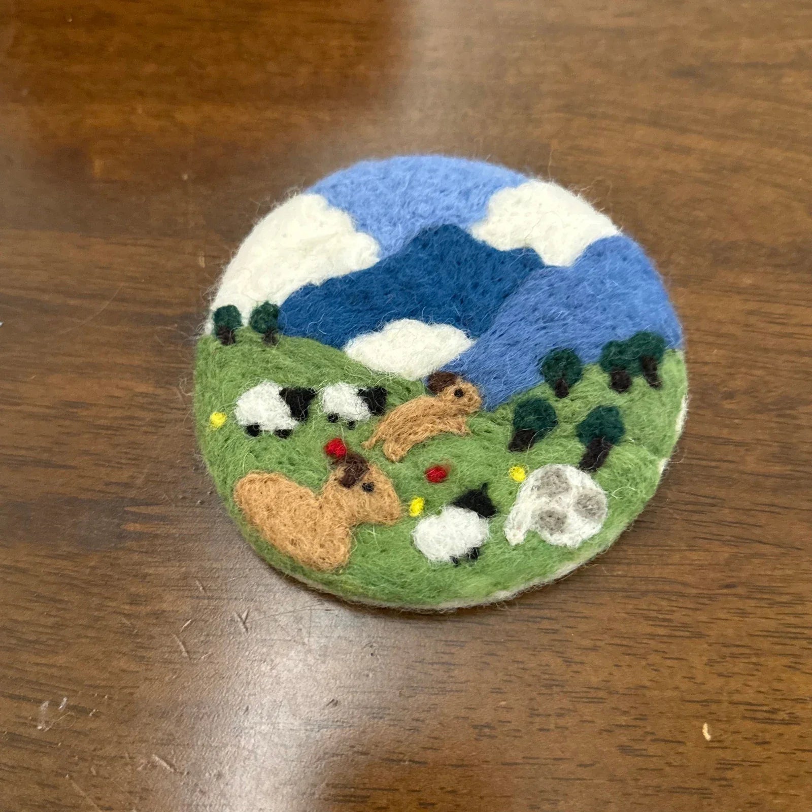 Handmade Sheep Blue Sky 10 cm Wool Felt Coaster