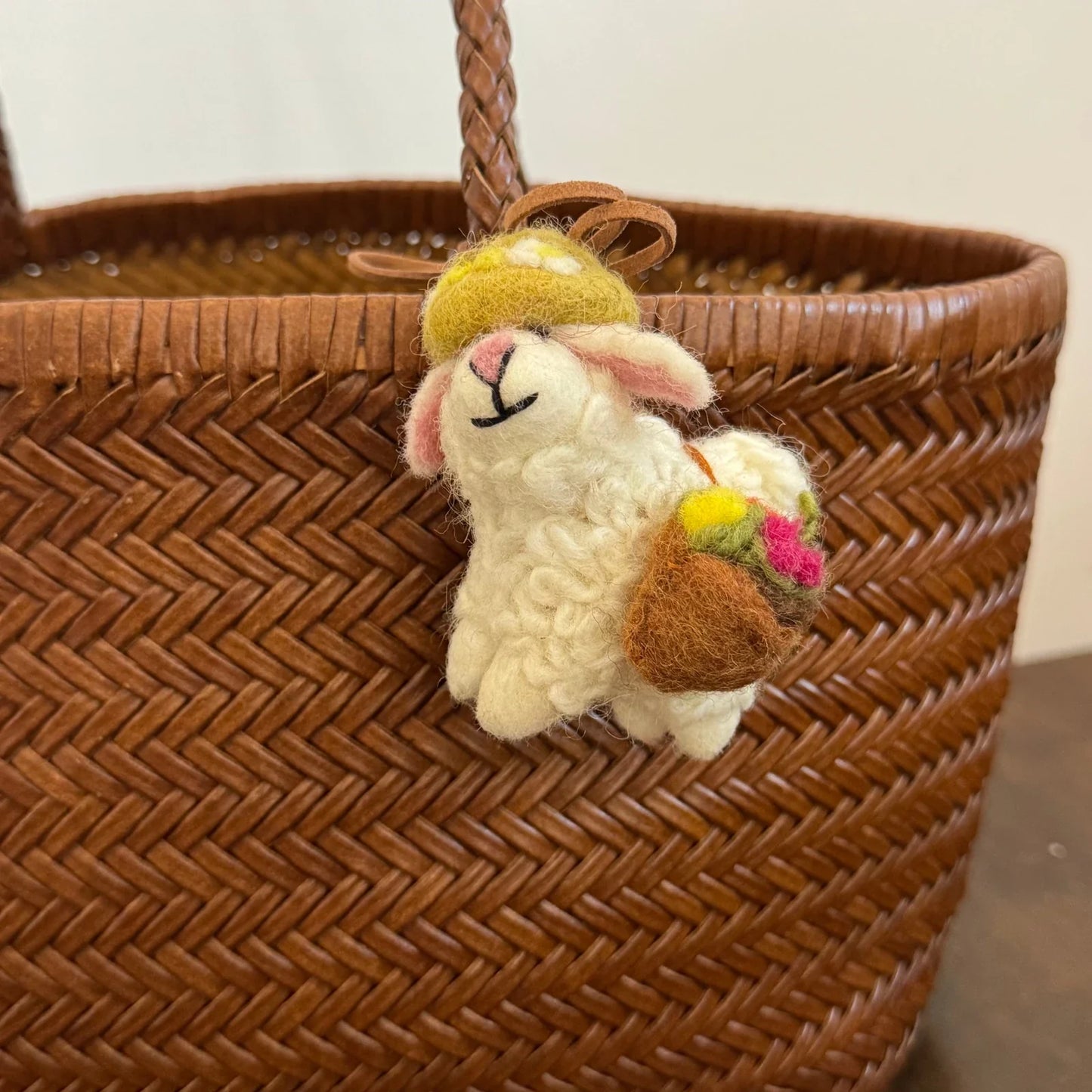 Handmade wool felt sheep bag charm – flower basket sheep