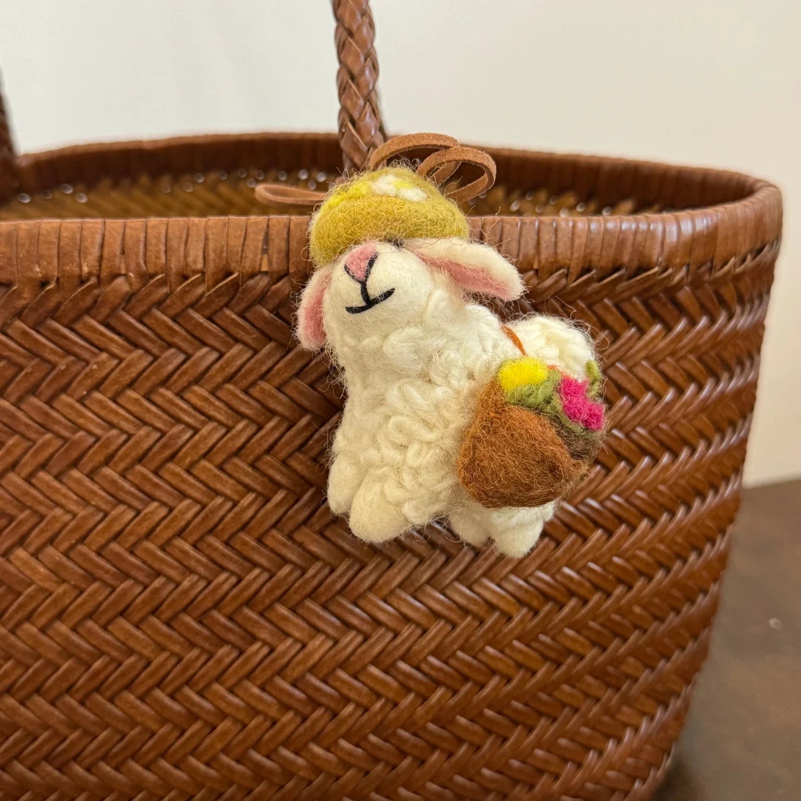 Handmade wool felt sheep bag charm – flower basket sheep