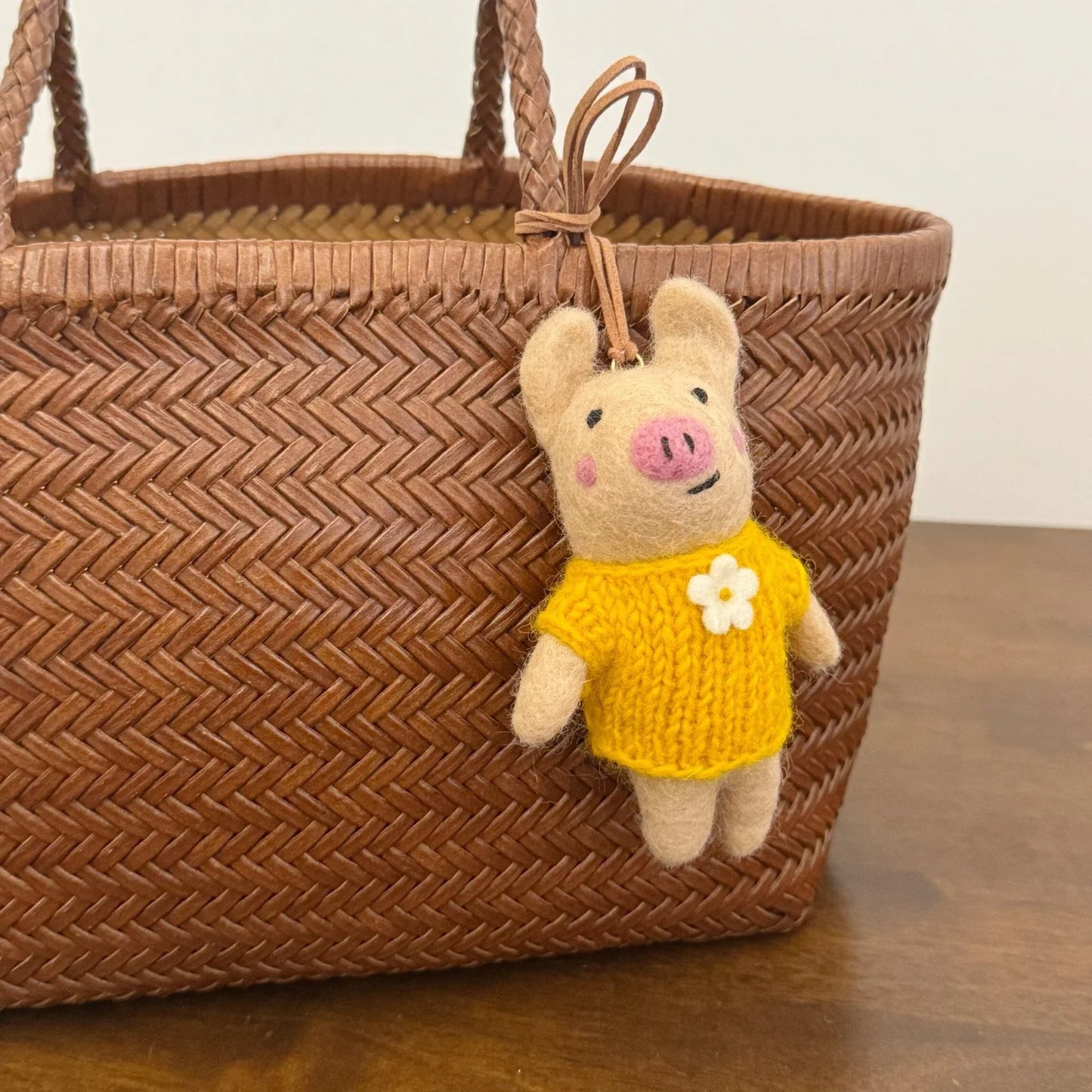 pig yellow sweater handmade wool felt bag charm
