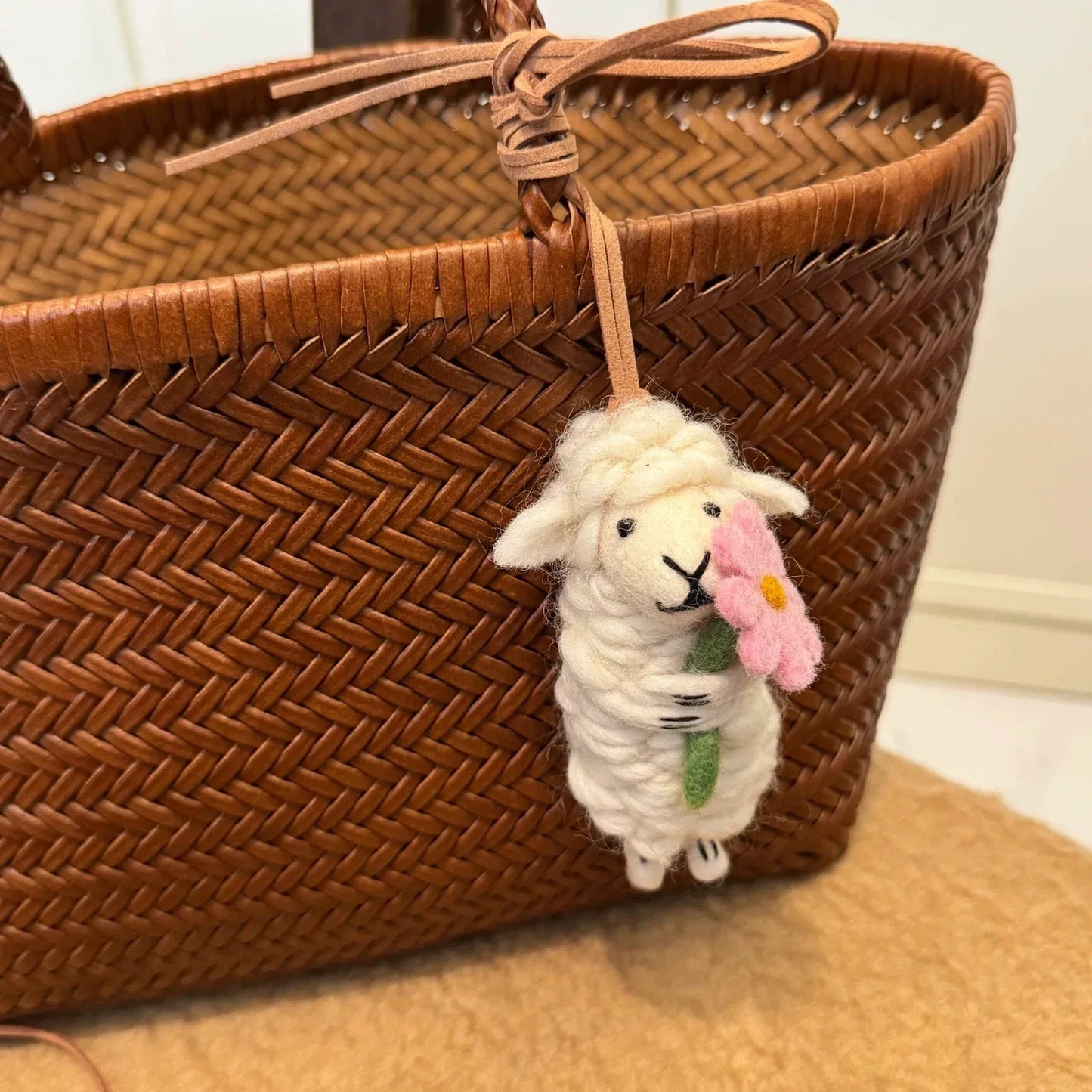 Handmade wool felt sheep bag charm – pink flower sheep
