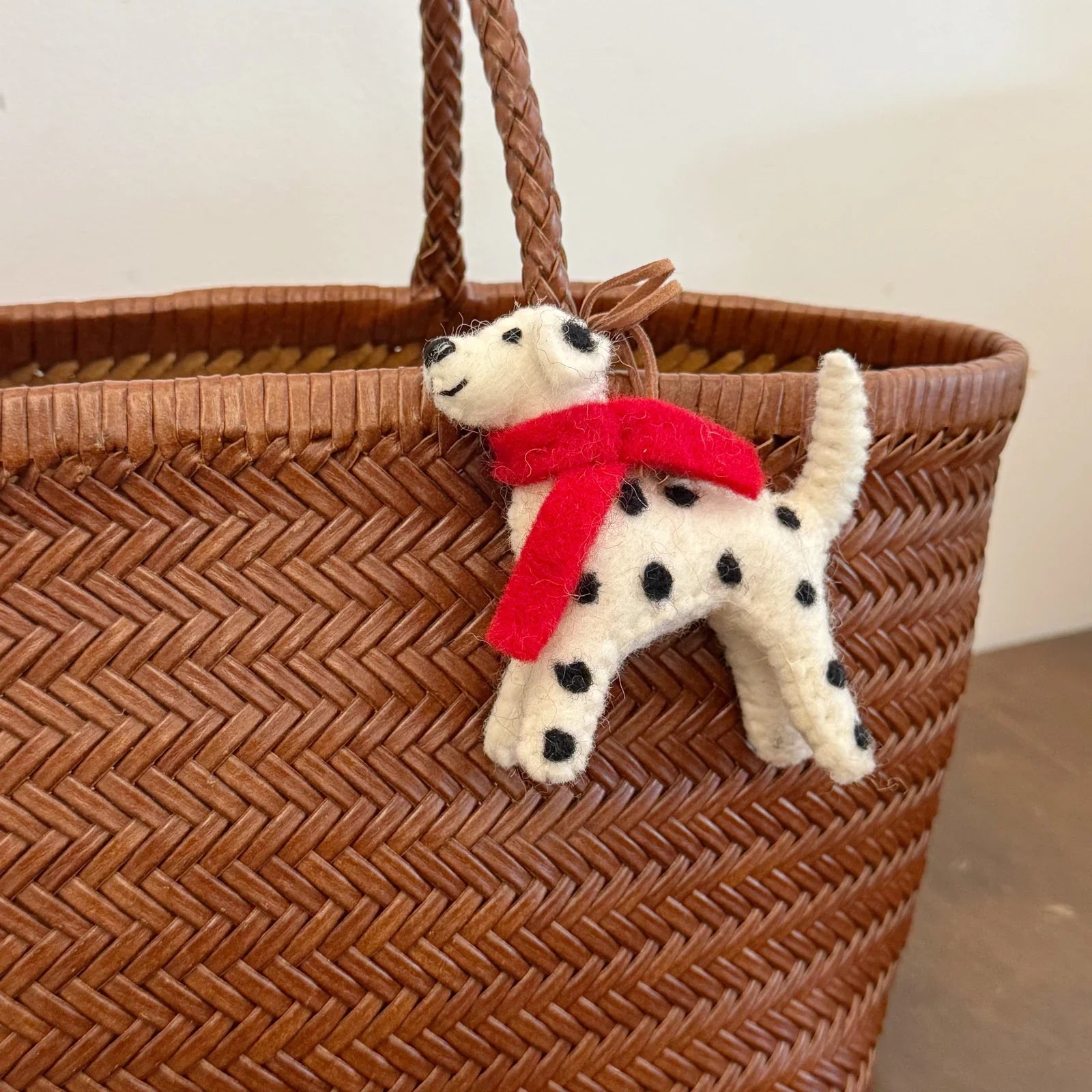 spotted dog red scarf handmade wool felt bag charm