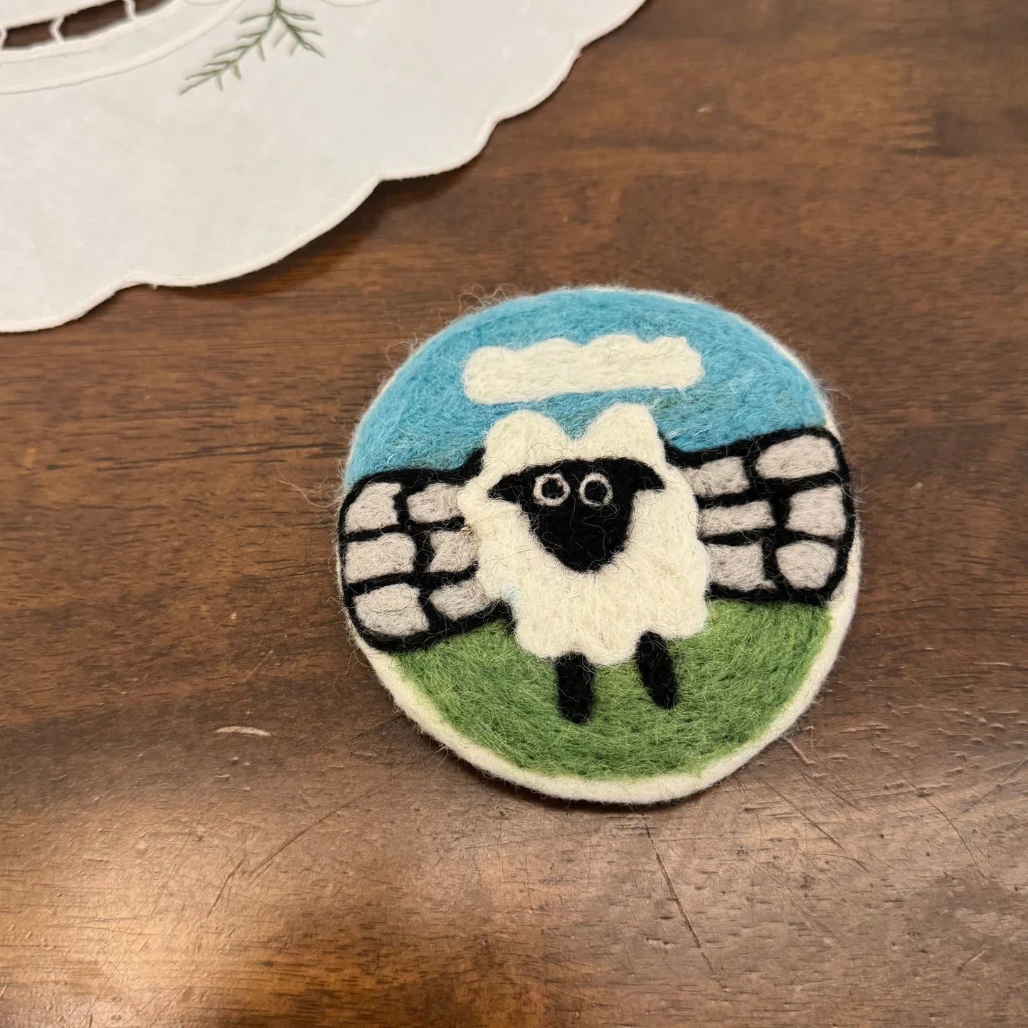 Handmade Sheep By Fence 10 cm Wool Felt Coaster