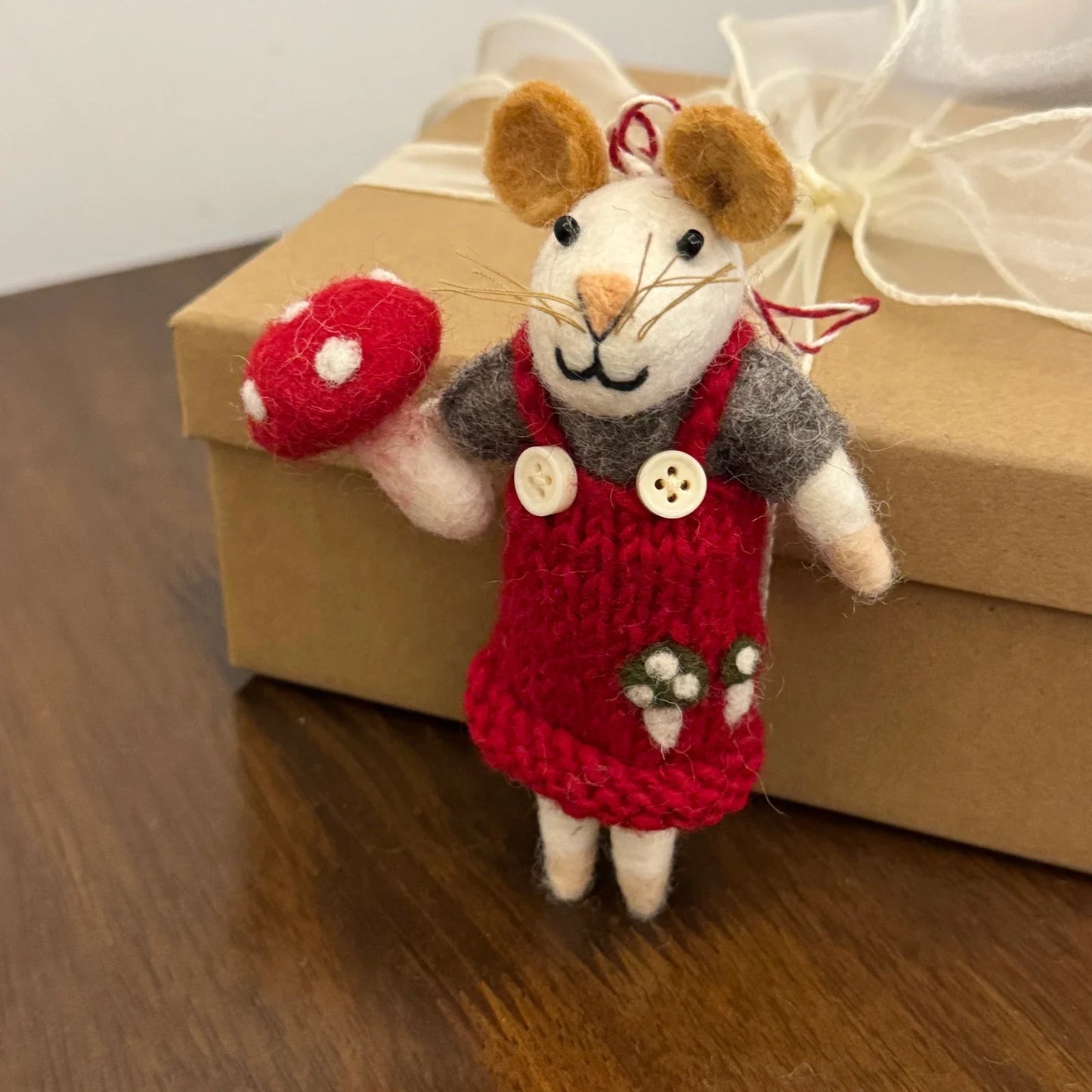 Mouse in Red Overalls handmade wool felt bag charm and keychain