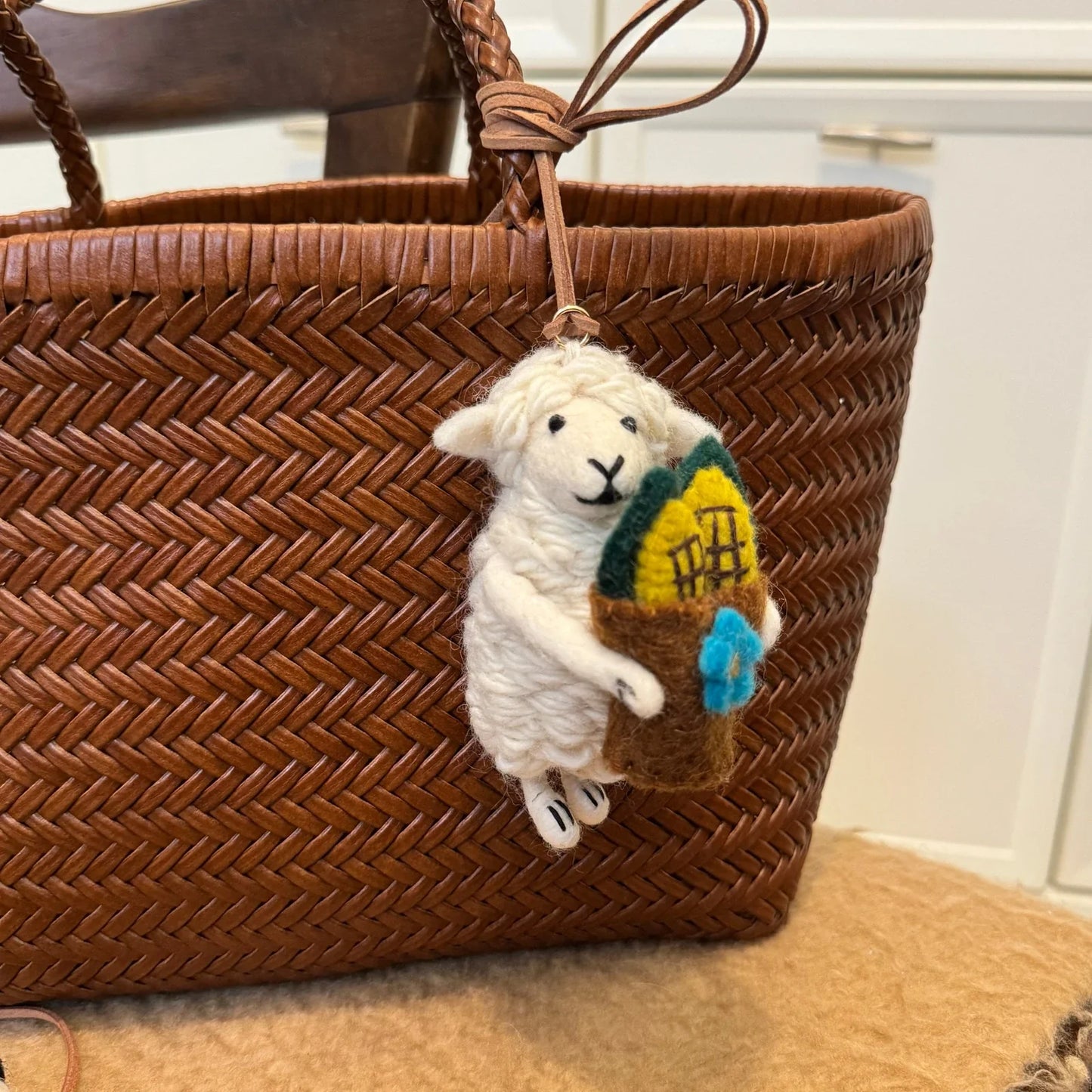Handmade wool felt sheep bag charm – corn sheep