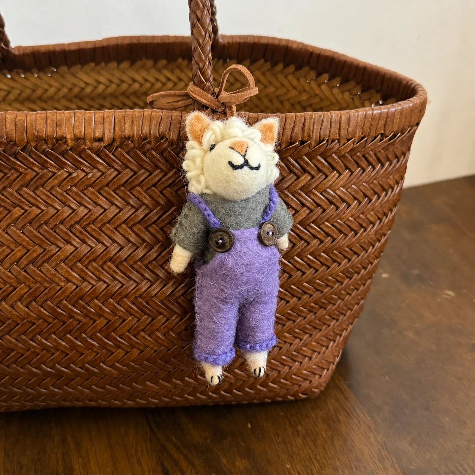 lamb purple overalls handmade wool felt bag charm