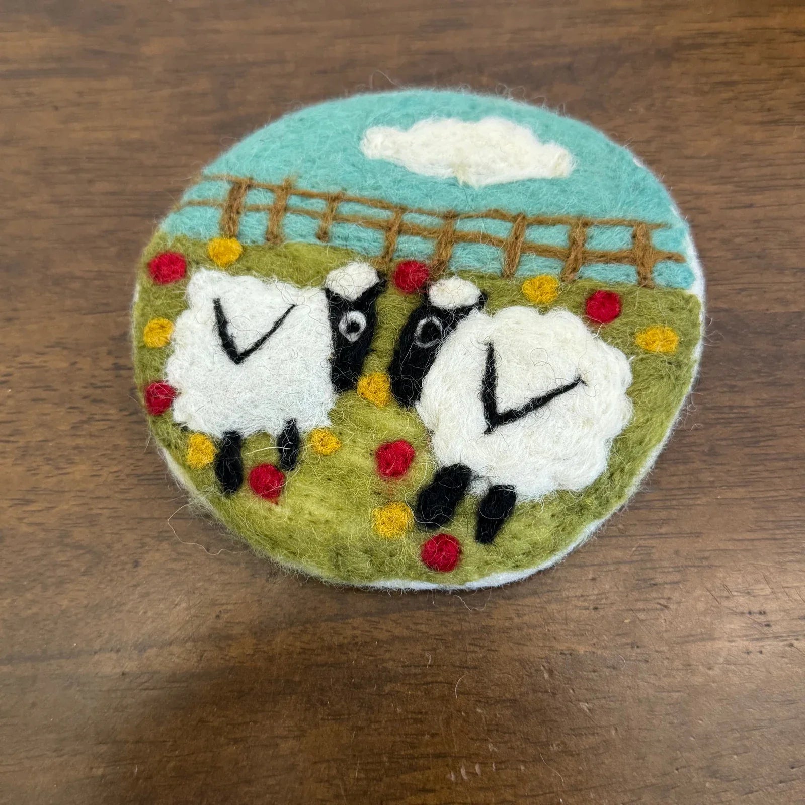 Handmade Two Sheep 10 cm Wool Felt Coaster