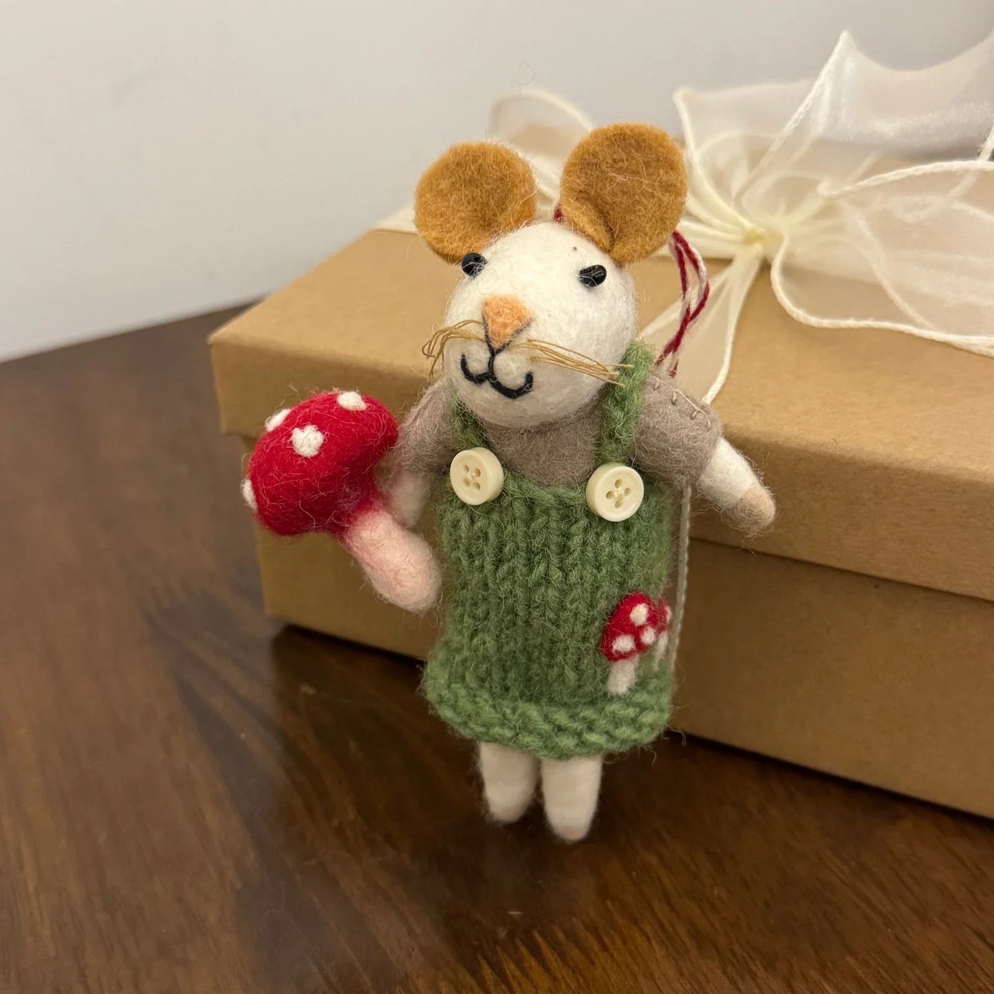 Mouse in Green Overalls handmade wool felt bag charm and keychain