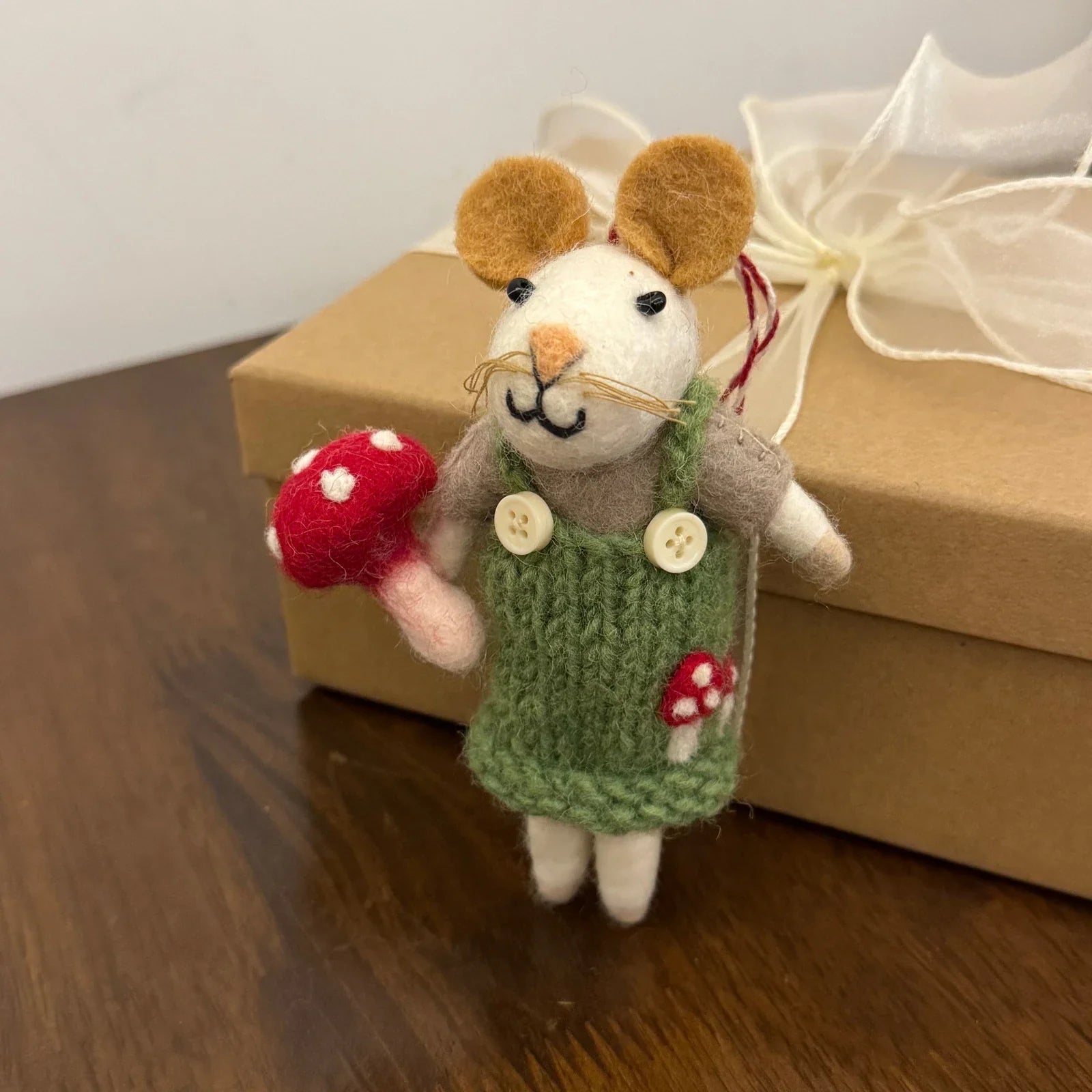 Mouse in Green Overalls handmade wool felt bag charm and keychain