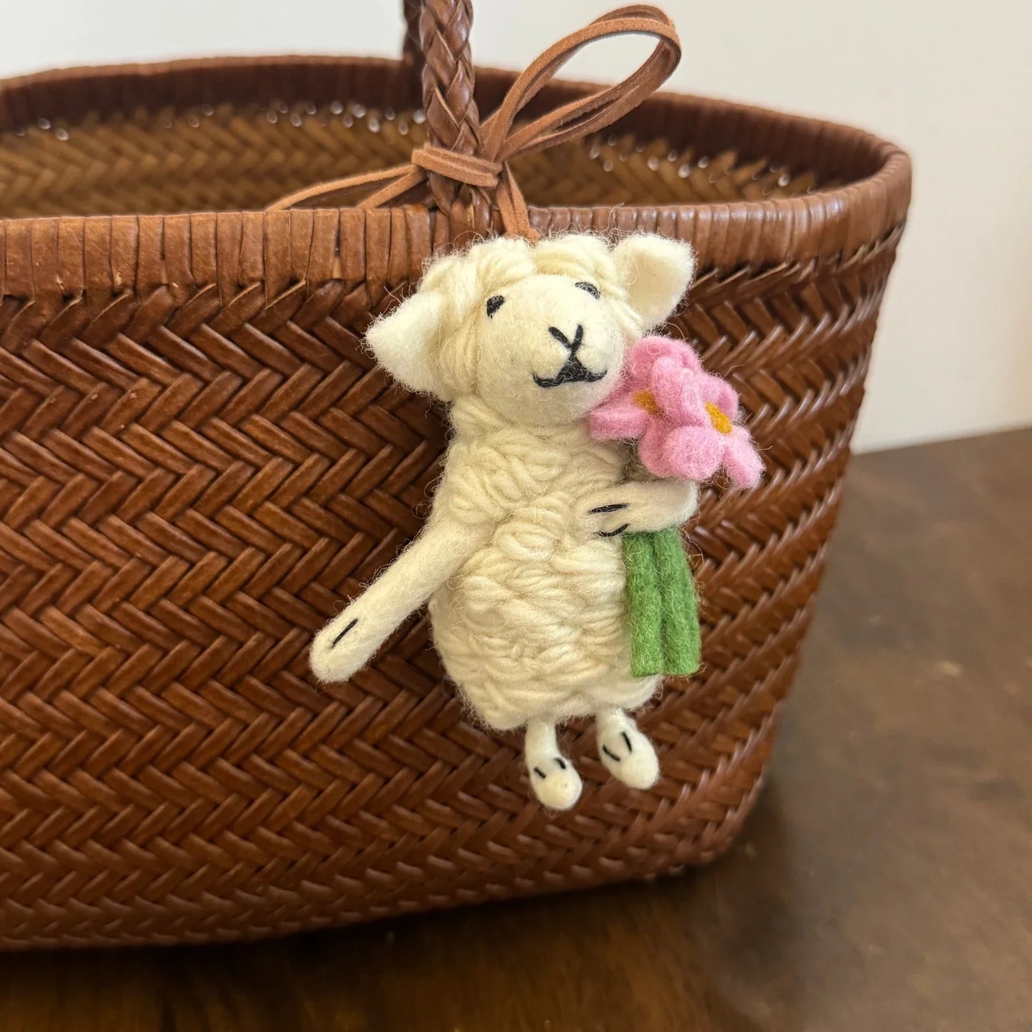 Handmade wool felt sheep bag charm – three pink flowers sheep