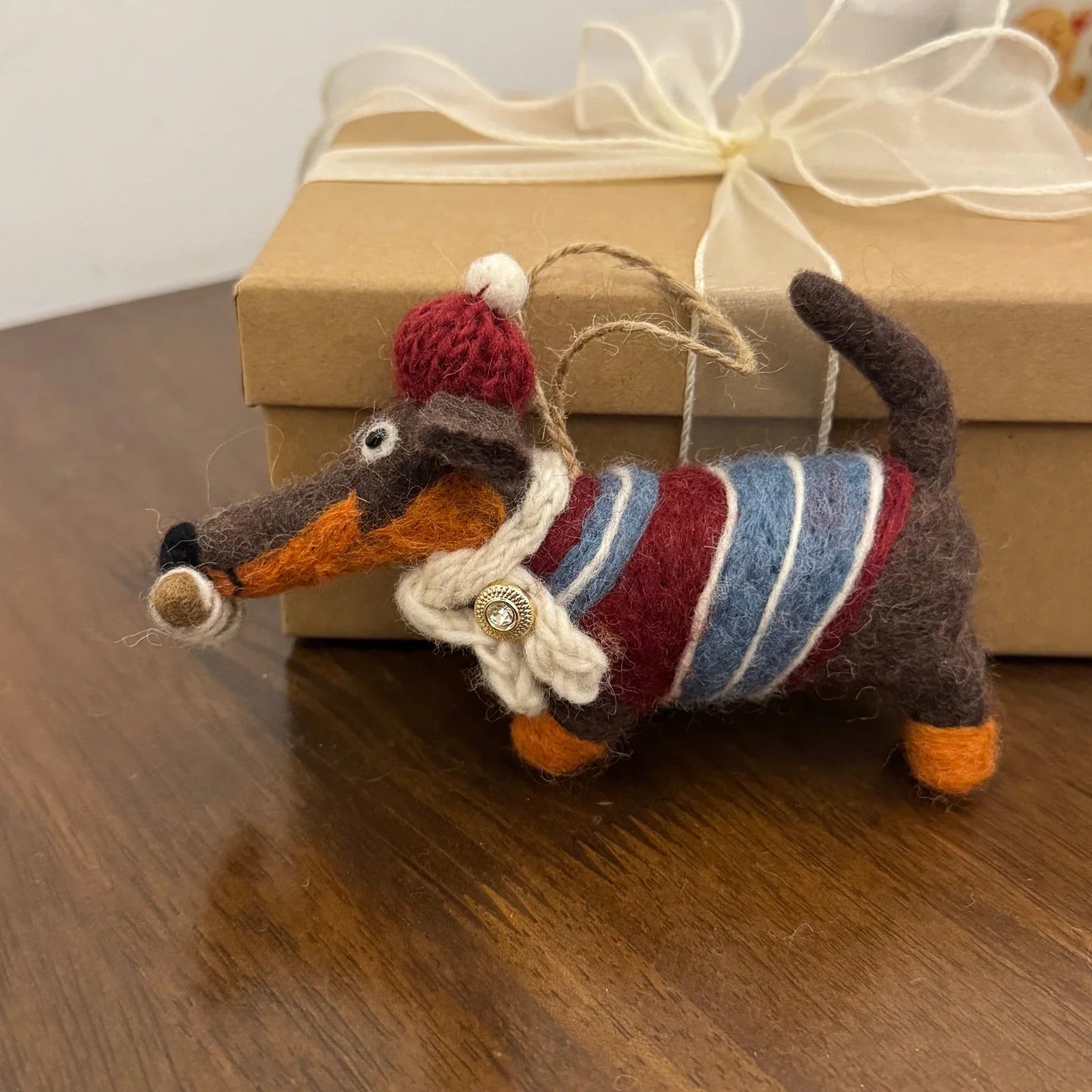Dachshund in White Scarf handmade wool felt bag charm and keychain