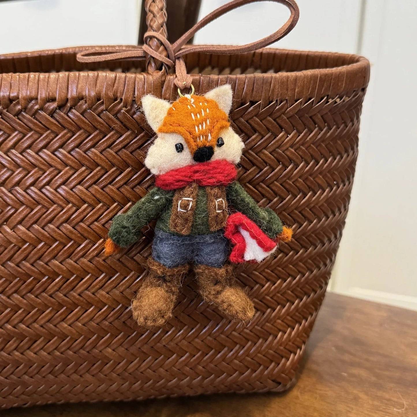 fox overalls handmade wool felt bag charm