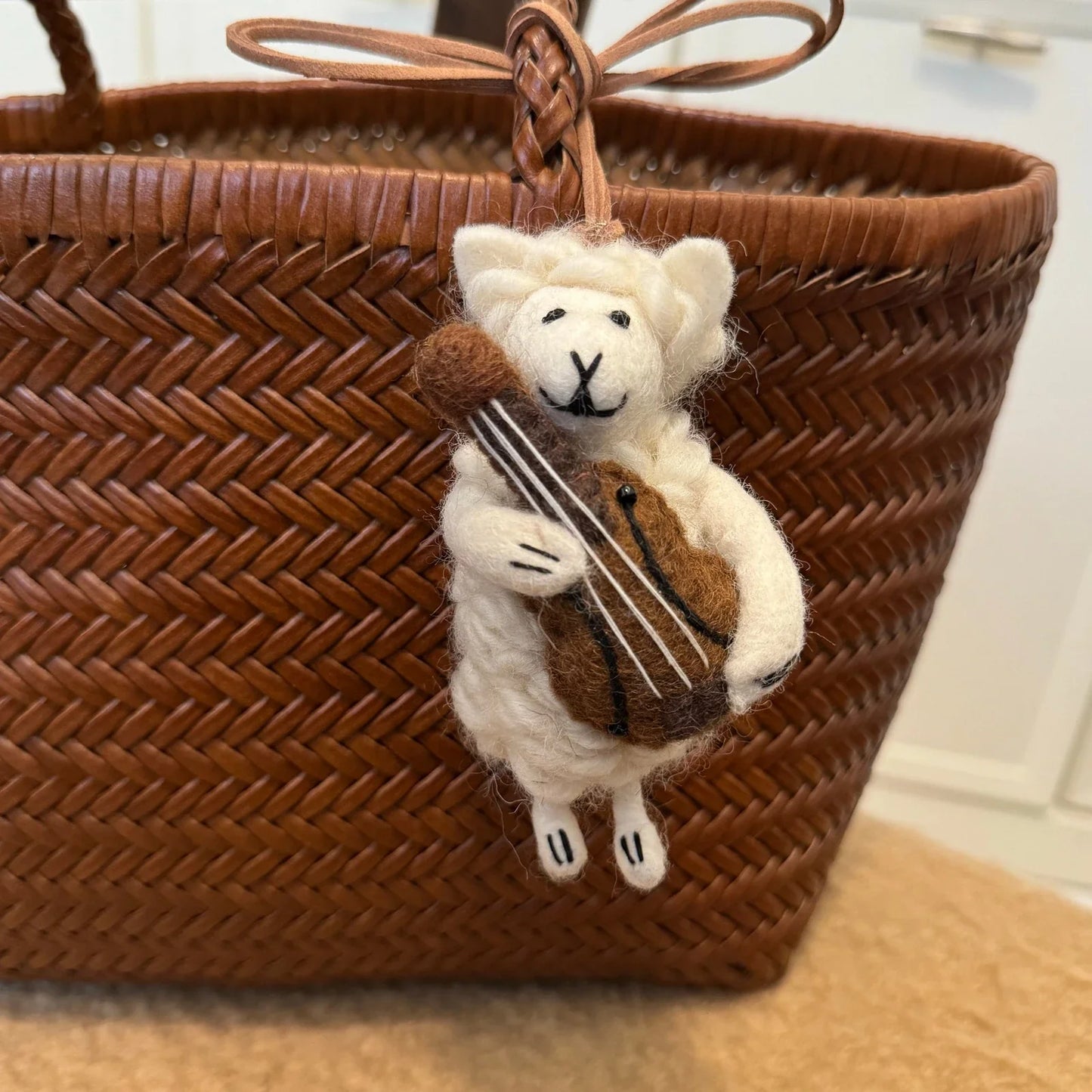 Handmade wool felt sheep bag charm – guitar sheep