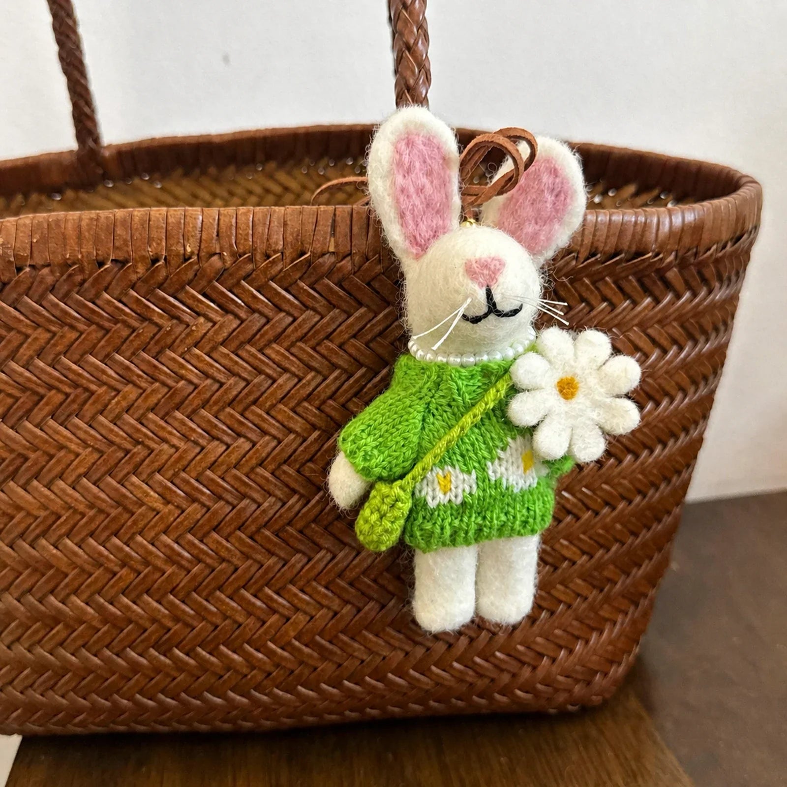 chamomile rabbit handmade wool felt bag charm