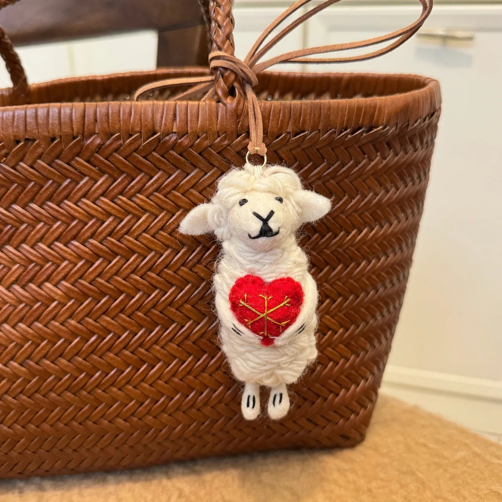 Handmade wool felt sheep bag charm – heart sheep
