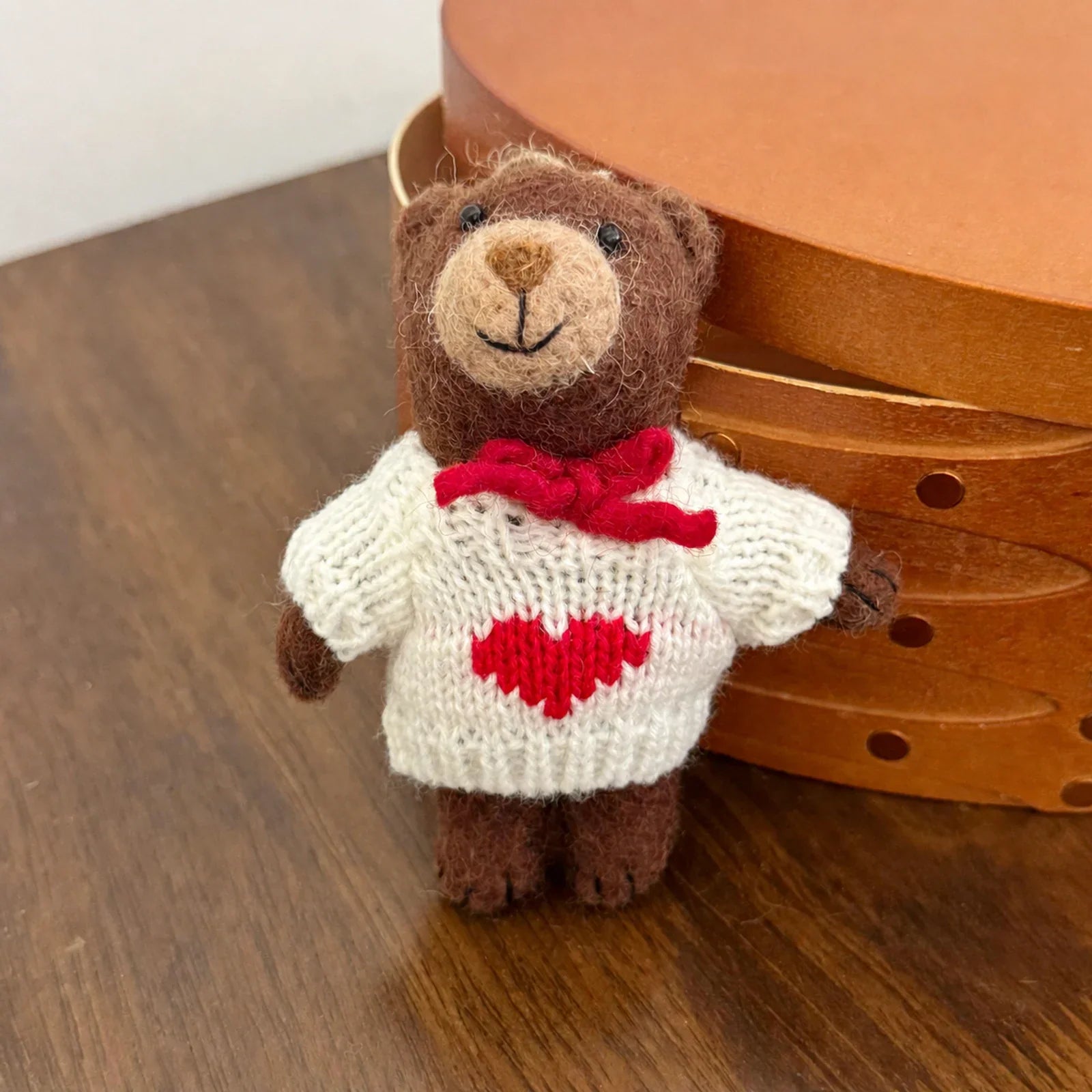 Bear in Gray Heart Sweater handmade wool felt bag charm and keychain
